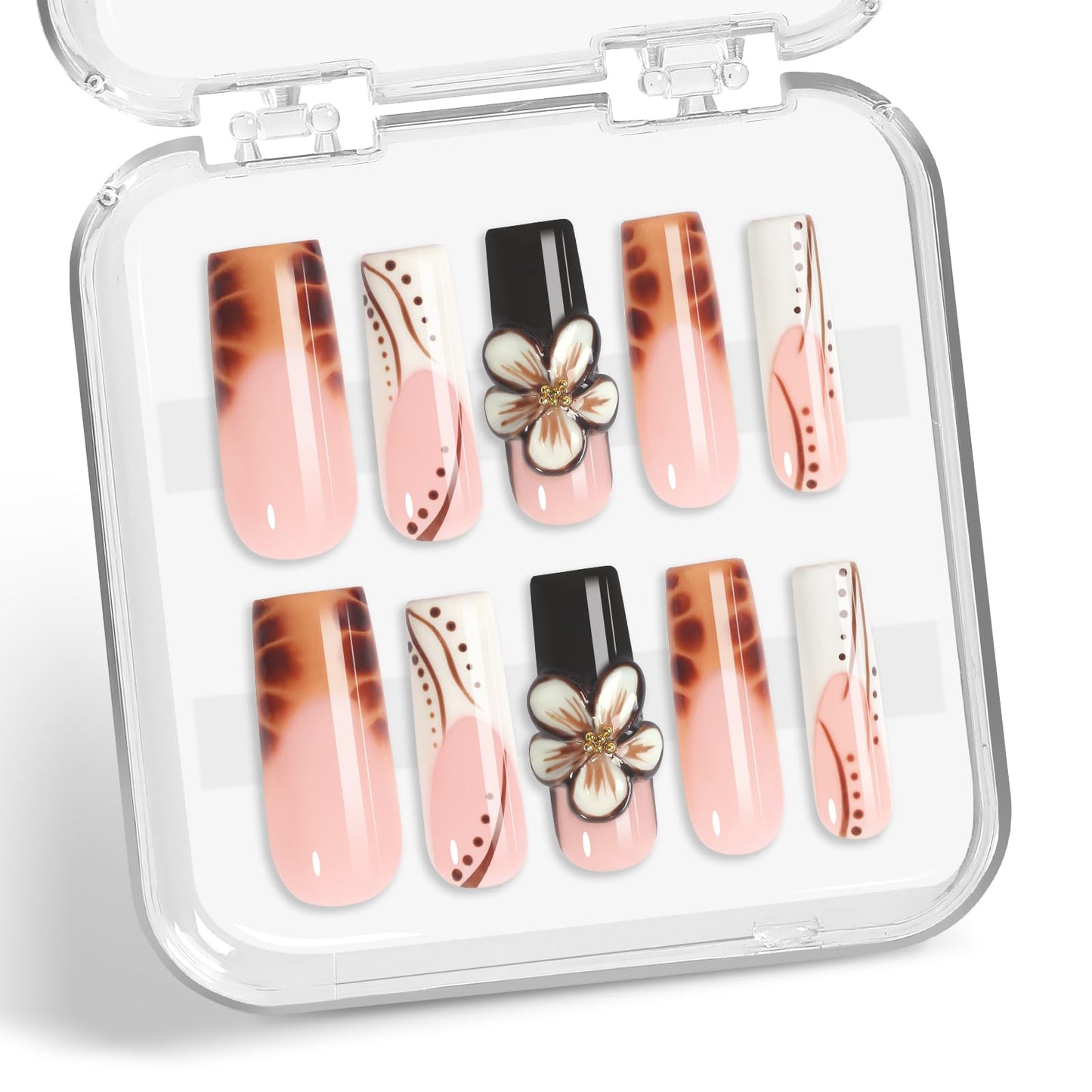 XGV Handmade Long Square Press on Nails, Handmade Art Fake Nail with Gradient Carving Flower, 3D Press on Nails for Party Wedding Salon