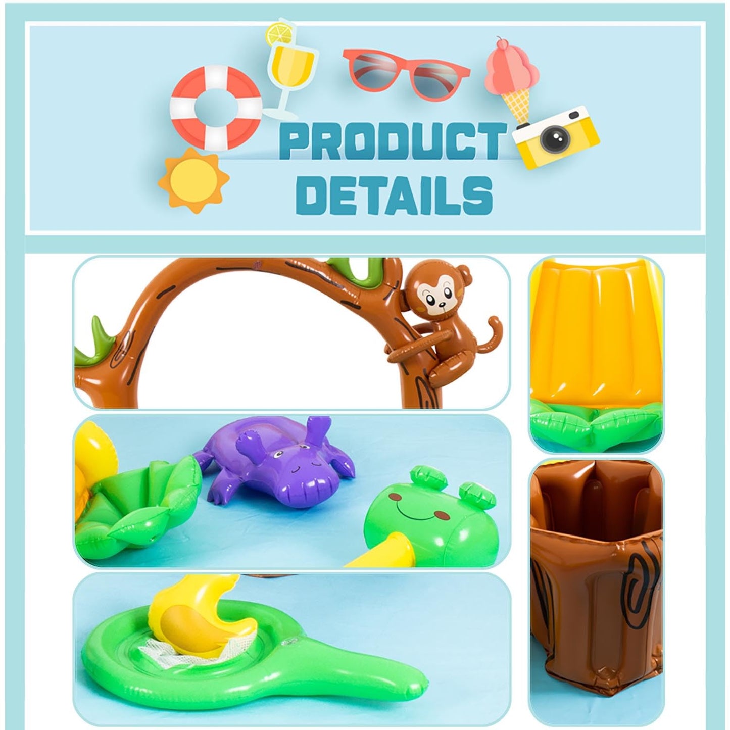 Inflatable Play Center, Inflatable Swimming Pool with Slide, Cartoon Animals Sprinkler Toy with Base Pool, Monkey, Tree Stump for Garden Backyard