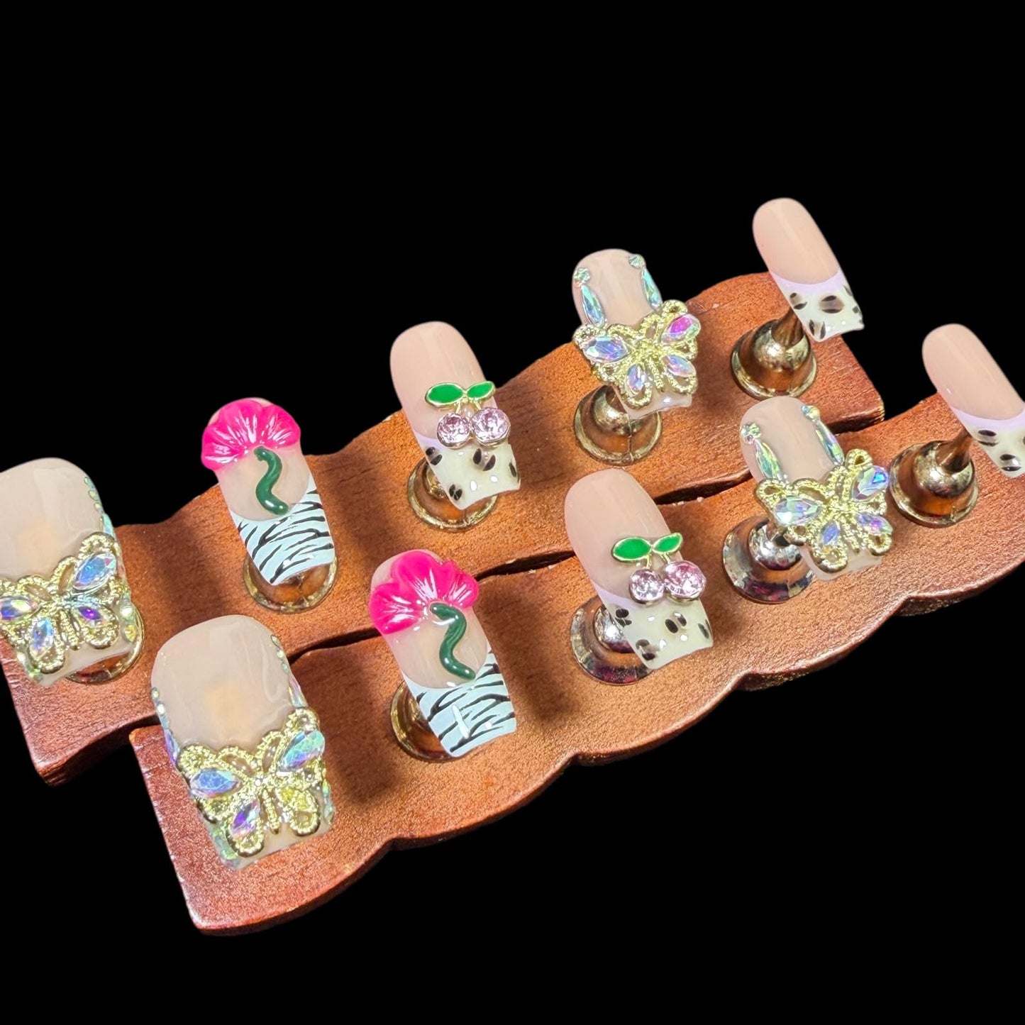 Handmade Press On Nails, Short Medium Square Nude Pink with 3D Butterfly & Flower Design, Reusable Acrylic Fake Nails with Crystals, Blush Garden (M)