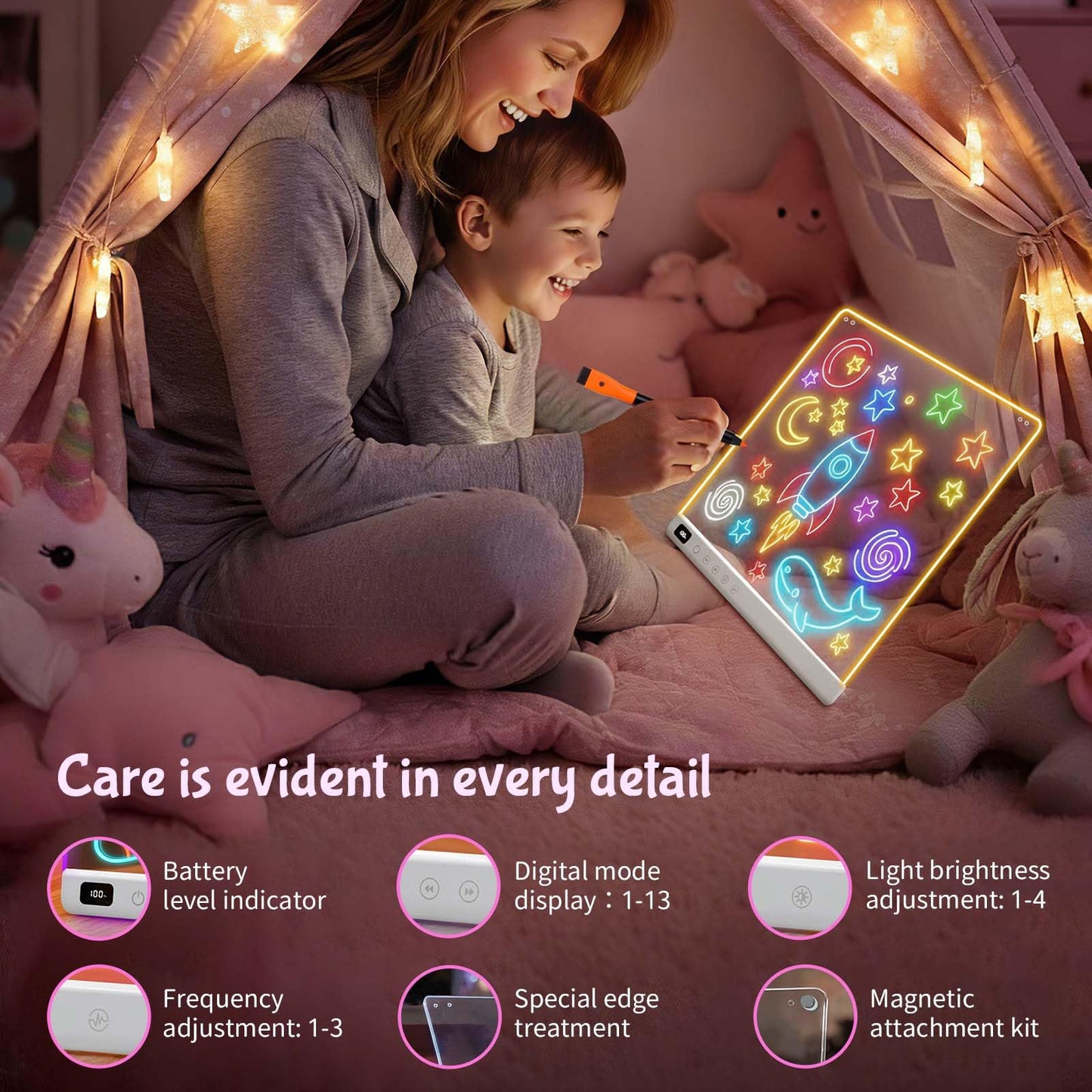 16" Rechargeable LED Drawing Board for Kids, Doodle LED Note Board with Colors, Neon Light Up Drawing Board with Markers&Tracing Paper, Creative Easter Birthday Christmas Gift Ideas