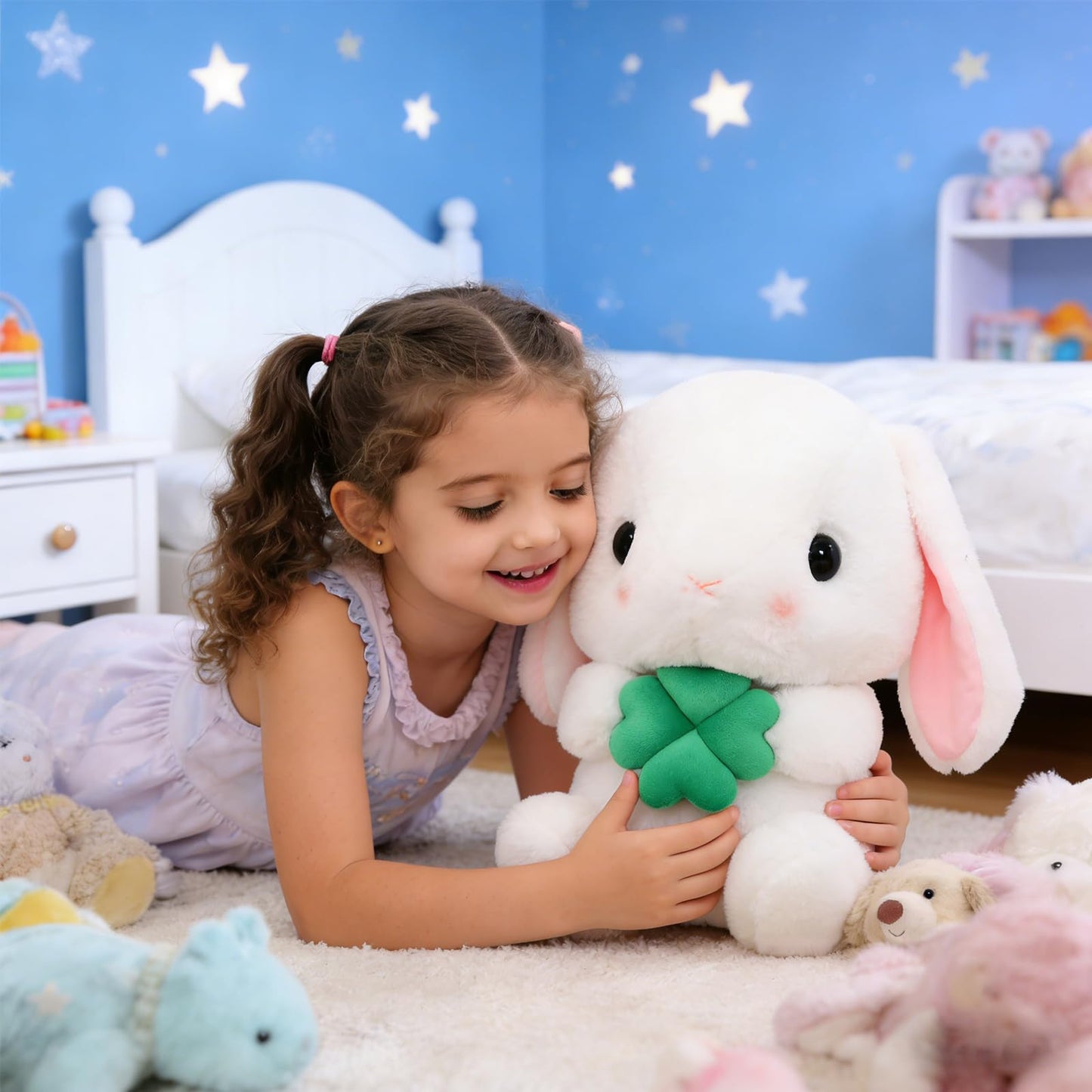 HOUPU Soft Toy - Sitting Lop Eared Rabbit, Easter White Rabbit Stuffed Bunny Animal with Carrot Soft Lovely Realistic Long-Eared Standing Pink Plush Toys (White-Four Leaf,16.9in/43cm)