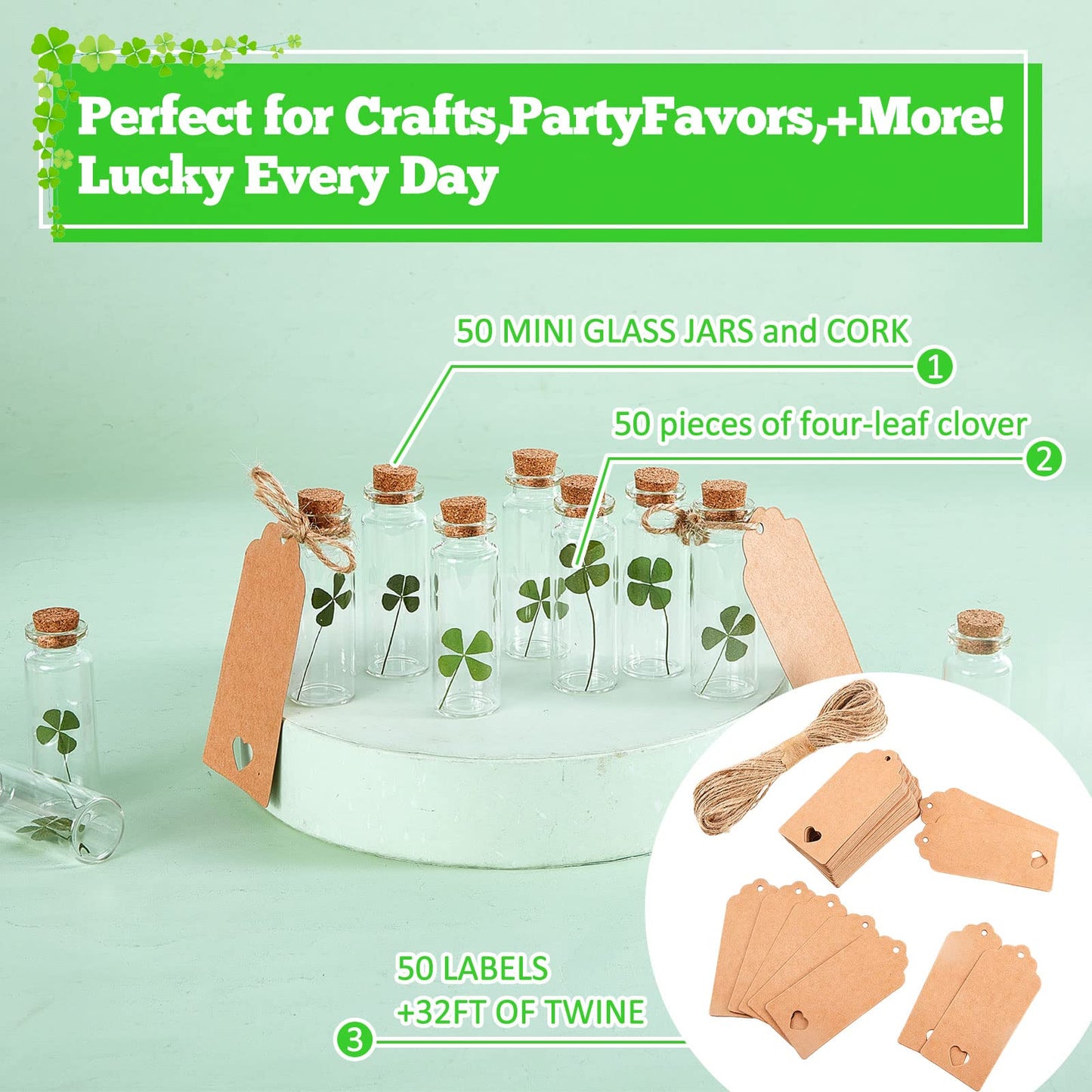 Cinnvoice 50 Sets St. Patrick's Day Cork Stoppers Glass Bottles Dried Pressed Four Leaf Clover Tiny Wishing Bottle Real Natural Four Leaf Clovers Mini Vials with Labels Ropes for DIY Crafts Wedding