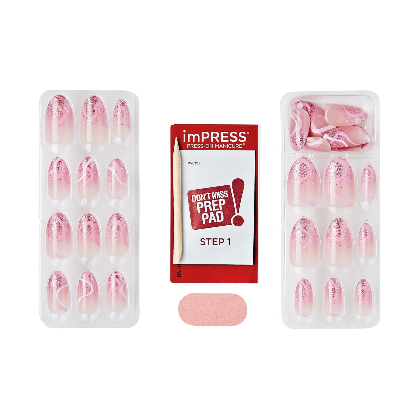 Kiss Impress No Glue Mani Press On Nails, Design, 'Wild Venus', Pink, Medium Size, Almond Shape, Includes 30 Nails, Prep Pad, Instructions Sheet, 1 Manicure Stick, 1 Mini File