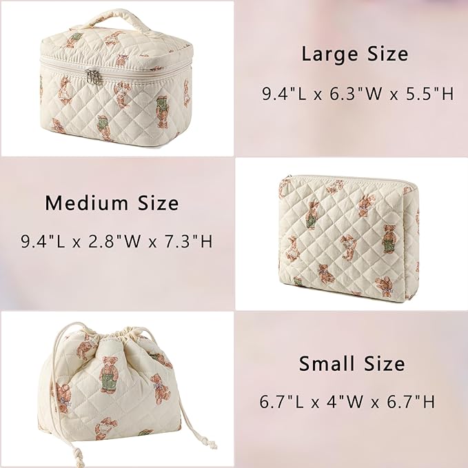 3Pcs Aesthetic Cotton Quilted Drawstring Makeup Bag Set, Aesthetic Cute Bow Makeup Pouch for Girls and Women, Aesthetic Travel Organized Cosmetic Bags for Purse(01Bear)