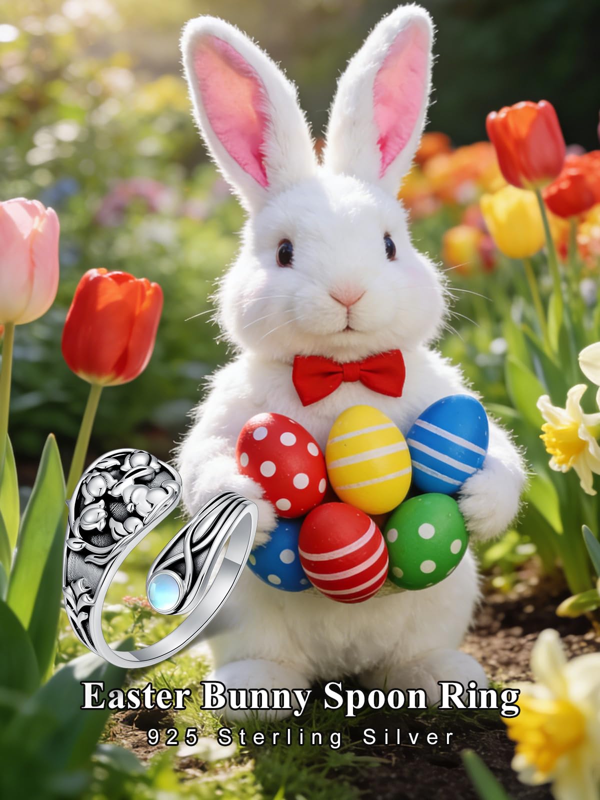 Midari Easter Bunny Spoon Rings for Women 925 Sterling Silver Cute Bunny Adjustable Rabbit Moonstone Rings Abalone Open Spoon Thumb Rings Bunny Jewelry for Women Men Birthday Easter Gifts