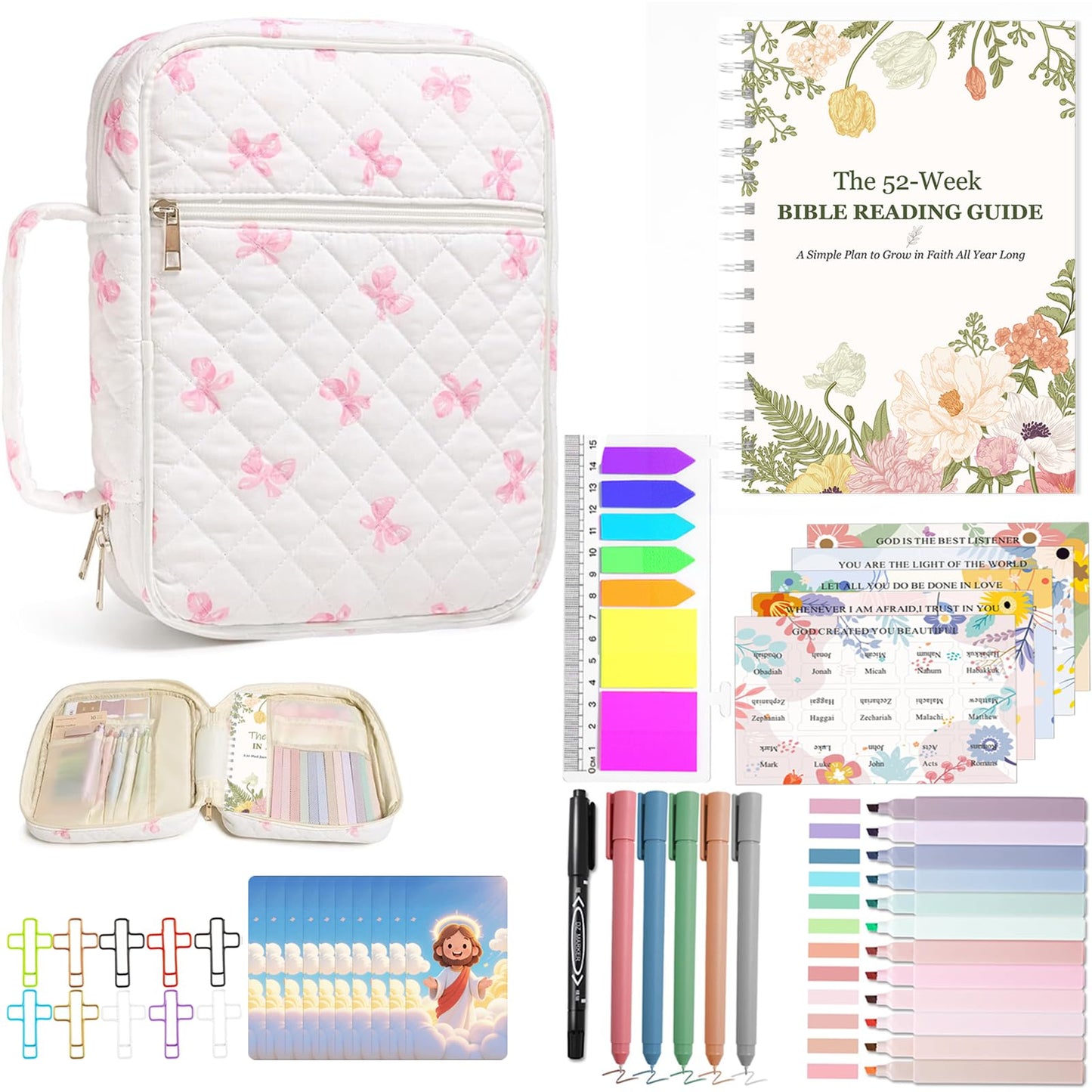 Bible Cover Set with Handle, Large Quilted Bible Bag for Women Girls, Bible Study Supplies Kit with Tabs, Pens, Sticky Notes, Study Planner & Scripture Cards, Christian Gifts for Devotional Journaling