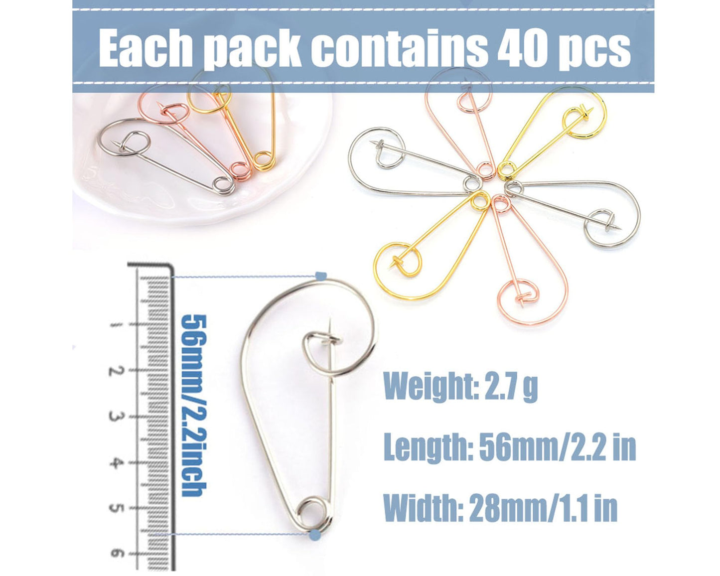 Metal Large Safety pins - 2.2 inch Silver Spiral pin for Blankets Skirts Crafts Kilts Crafts Home Accessories 40pcs (Silver)