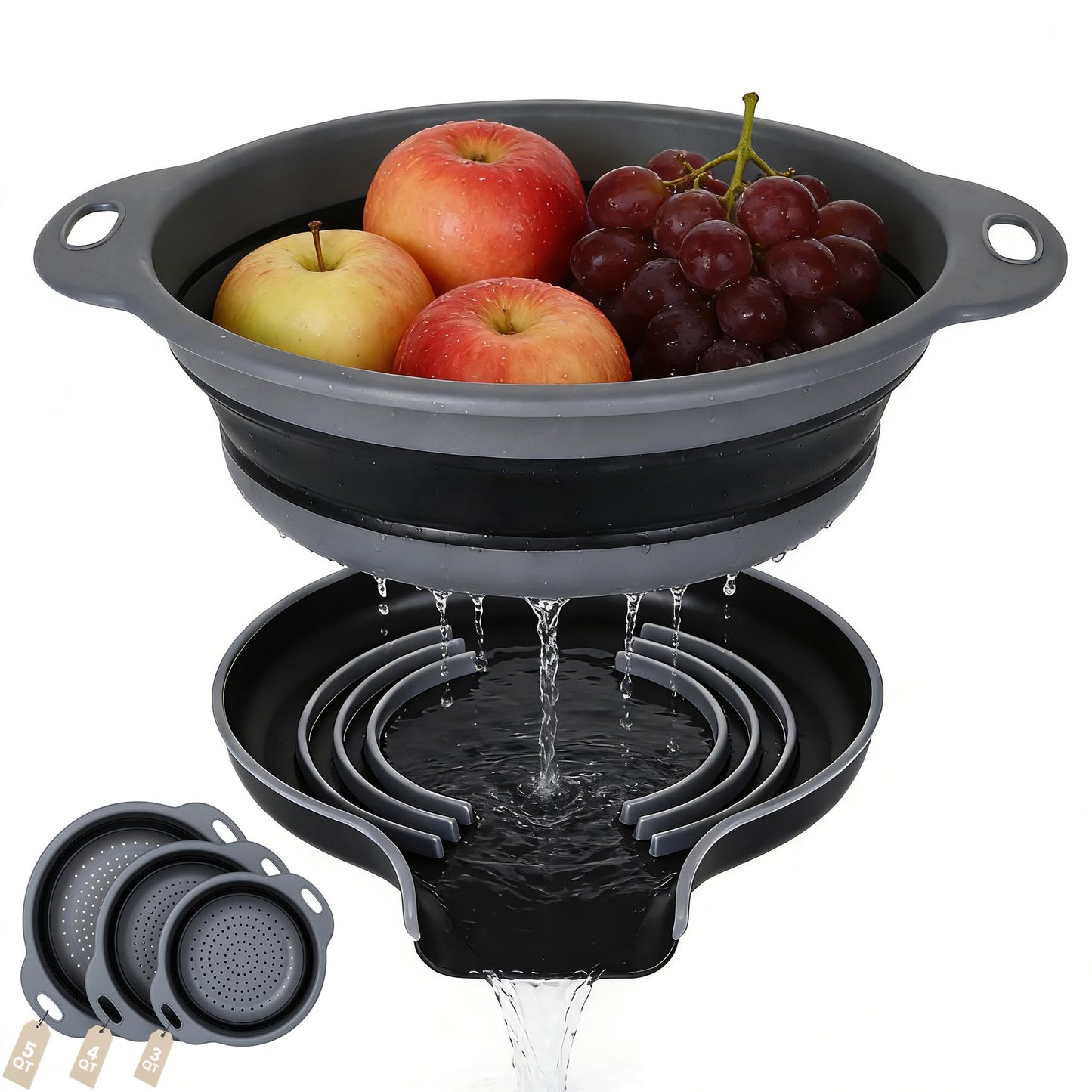 Collapsible Colander Set of 3 with Kitchen Counter Self-draining Base, Round Silicone Food Foldable Strainer for Cooking Pasta, Vegetables and Fruit (3QT, 4QT and 5QT), Black