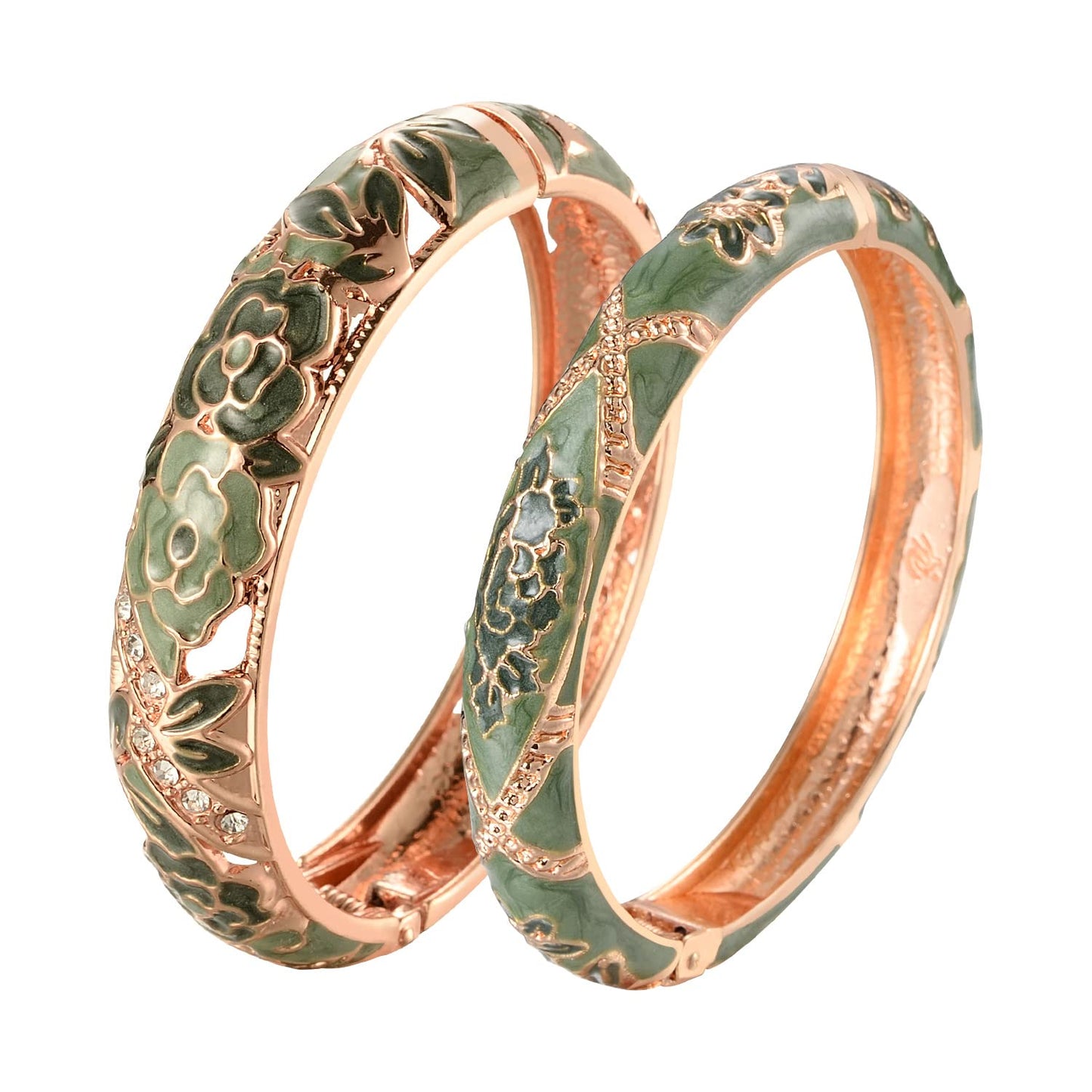 UJOY Vintage Jewelry Cloisonne Handcrafted Enameled Gorgeous Rhinestone Hinged Cuff Bracelet Bangles Gifts 88C06 Rose Green