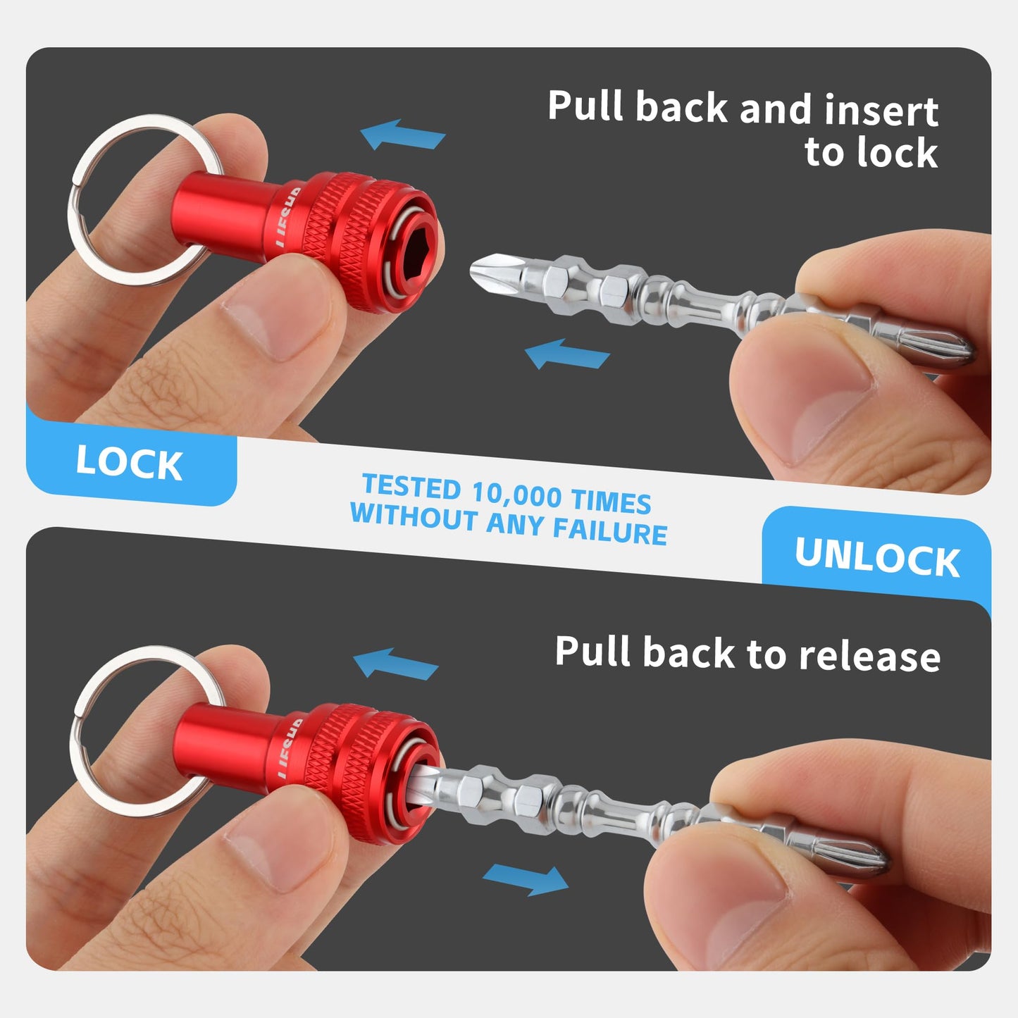 6Pcs Drill Bit Holder Key Chain, 2 Sets 1/4 Hex Shank Aluminum Alloy Push to Unlock Quick Release for Impact Bit Driver Extension Bar Nut Driver Screwdriver & Drill Bits,Tool Gifts for Men-Multi Color