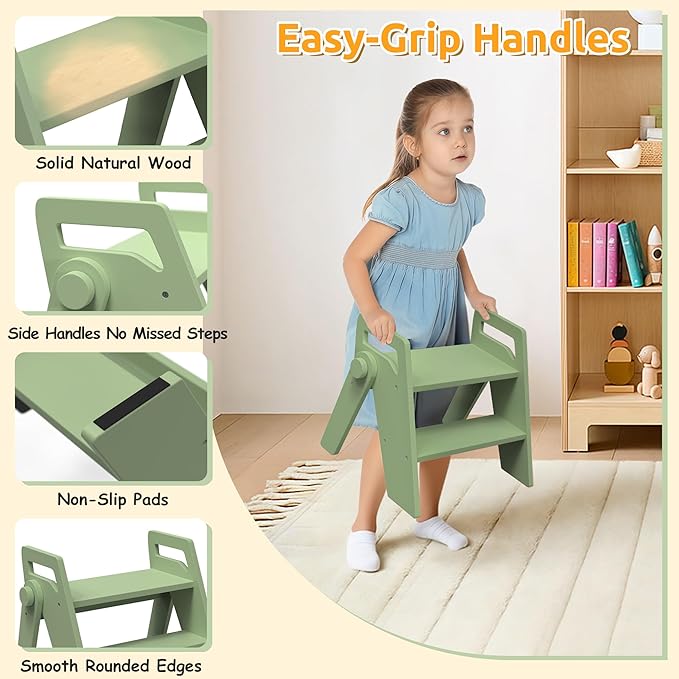 Wooden 2 Step Stool for Kids Bathroom Foldable 2-Step for Toilet Potty Training, Child Stepping Stool for Kitchen Nursery Bedroom Green