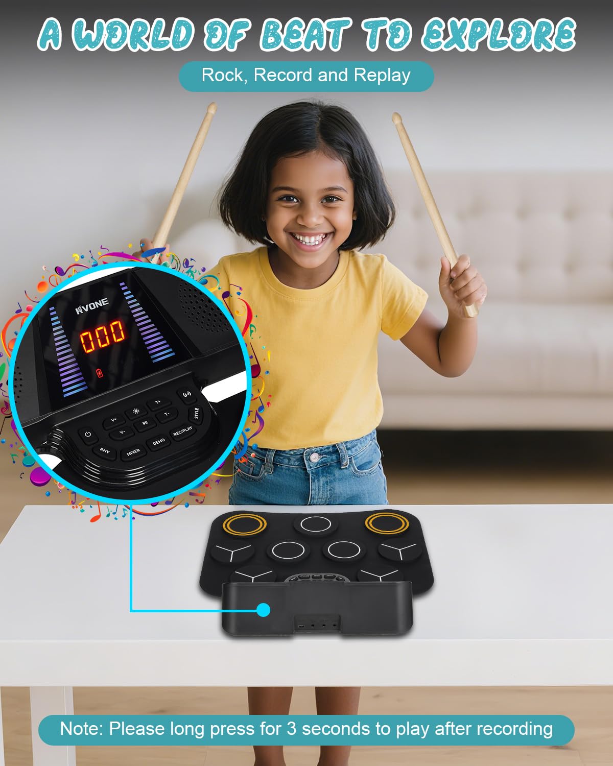 RVONE Electronic Drum Pad for Kids Beginner with Screen, 9 Pad Roll-Up Electric Drum Set with 5 Light Mode, Built-in 2 Powerful Speakers, for 3-12 Boys Girls Chritsmas Gift