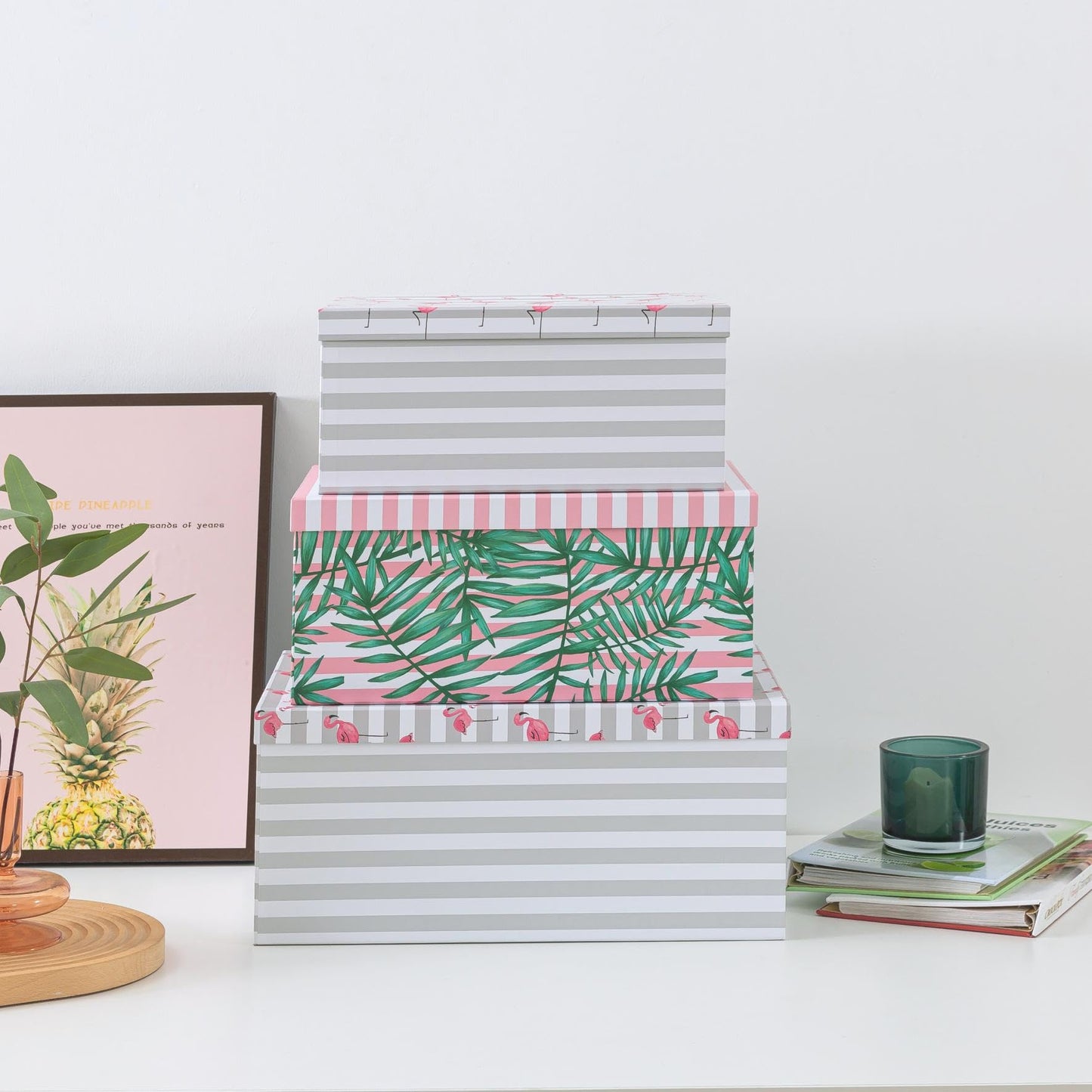 SLPR Decorative Cardboard Storage Boxes With Lids For Home Décor, Set of 3 Pink Flamingo Paperboard Nesting Gift Boxes, Palm Leaves Large Picture and Photo Storage for Keepsakes