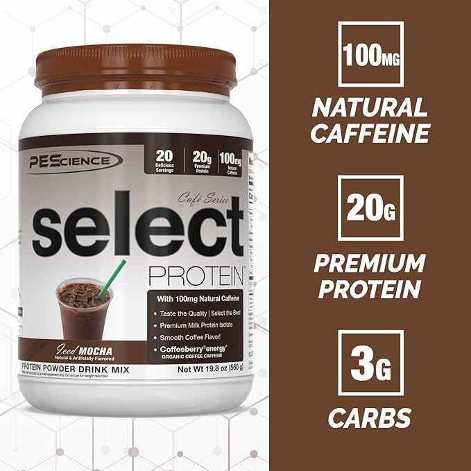 PEScience Select Cafe Coffee Protein Powder, Iced Mocha 20 Servings, Whey and Casein Blend, Natural Caffeine, Clean Isolate Protein for Women and Men