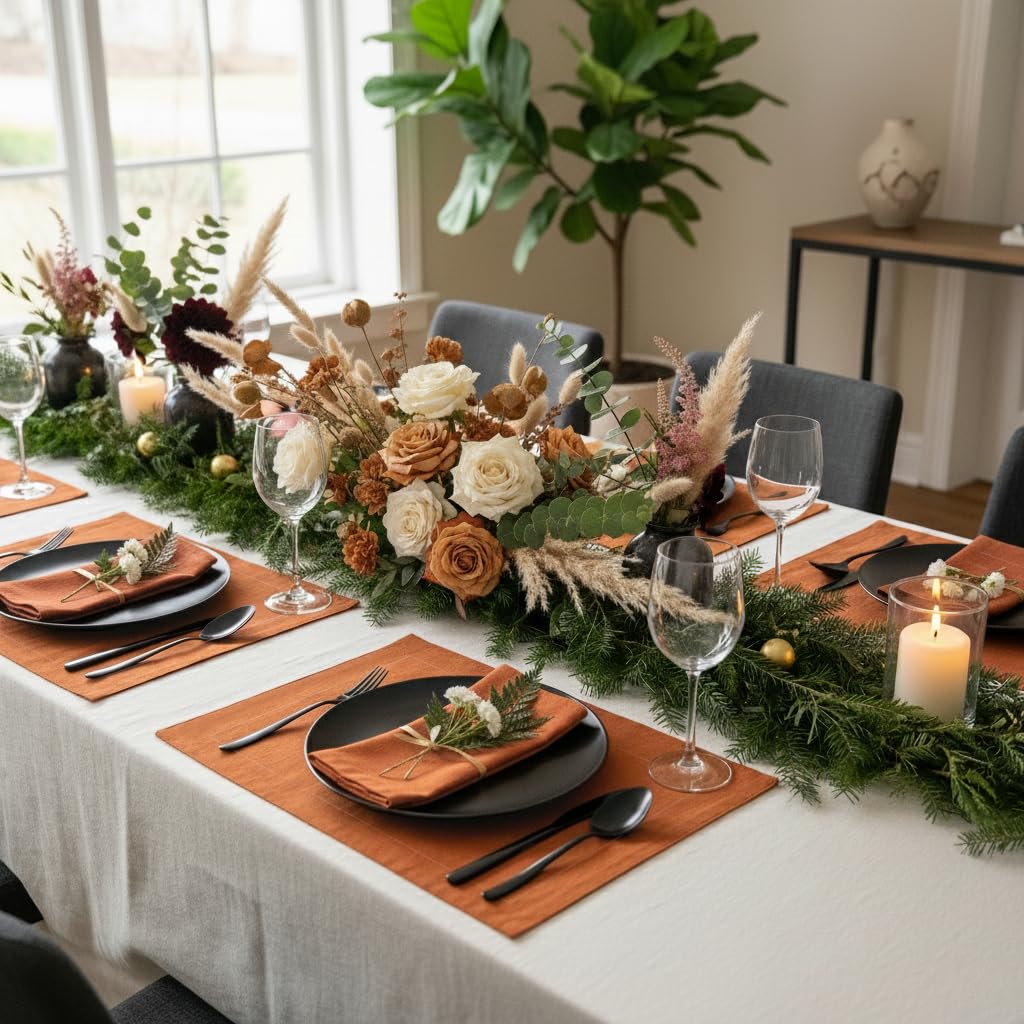 D'Moksha Homes Linen Rust Placemats Set of 4-100% Pure Linen Placemats 14 x 19 Inch for Spring - Handcrafted and Machine Washable