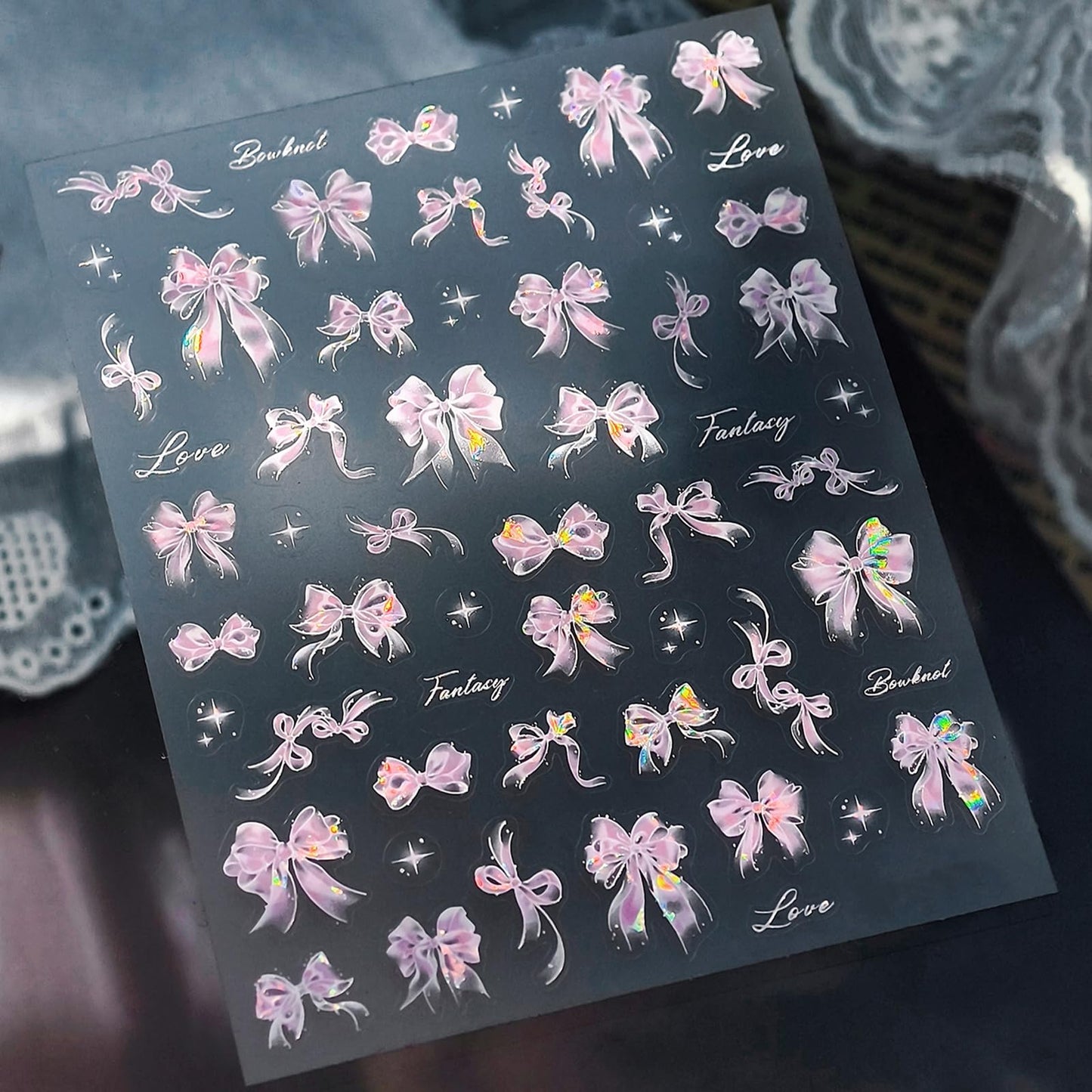 Shell Light Pink Bow Nail Art Stickers Cute Bow Nails Stickers 3D Self-Adhesive Glitter Pink Ribbon Bowknot Nail Decals for Women Girls Nail Art Decorations Accessories Cardboard Set