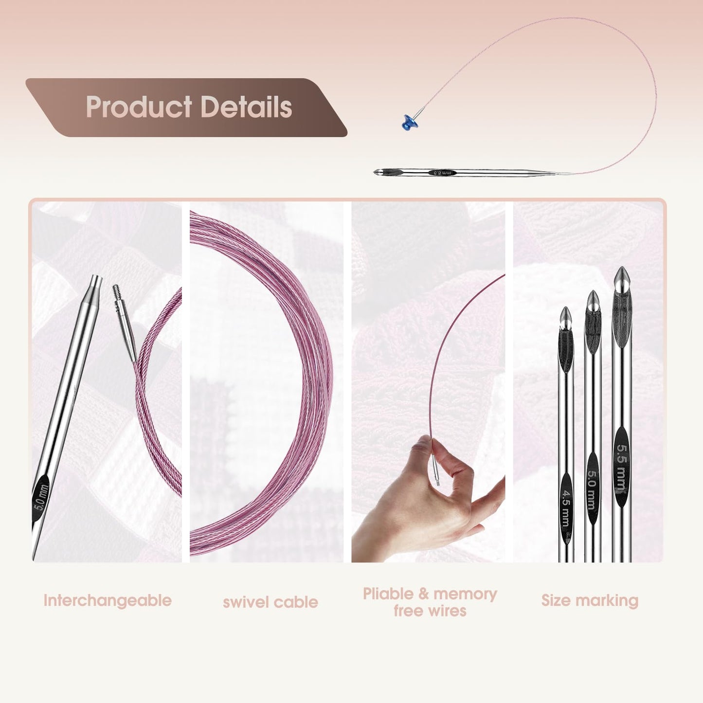 Tunisian Crochet Hooks Set Aluminum Metal Interchangeable Crochet Hook with Cable 3mm-10mm Ergonomic Crochet Hooks for Arthritic Hands 26Pic (Pink)