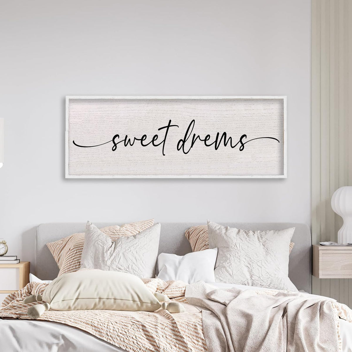LuZhiQiang Sweet Dreams Sign Wall Decor Above Over Bed 40" x 15" Large Wood Framed for Guest Room Master Bedroom Hanging Wall Art (White)