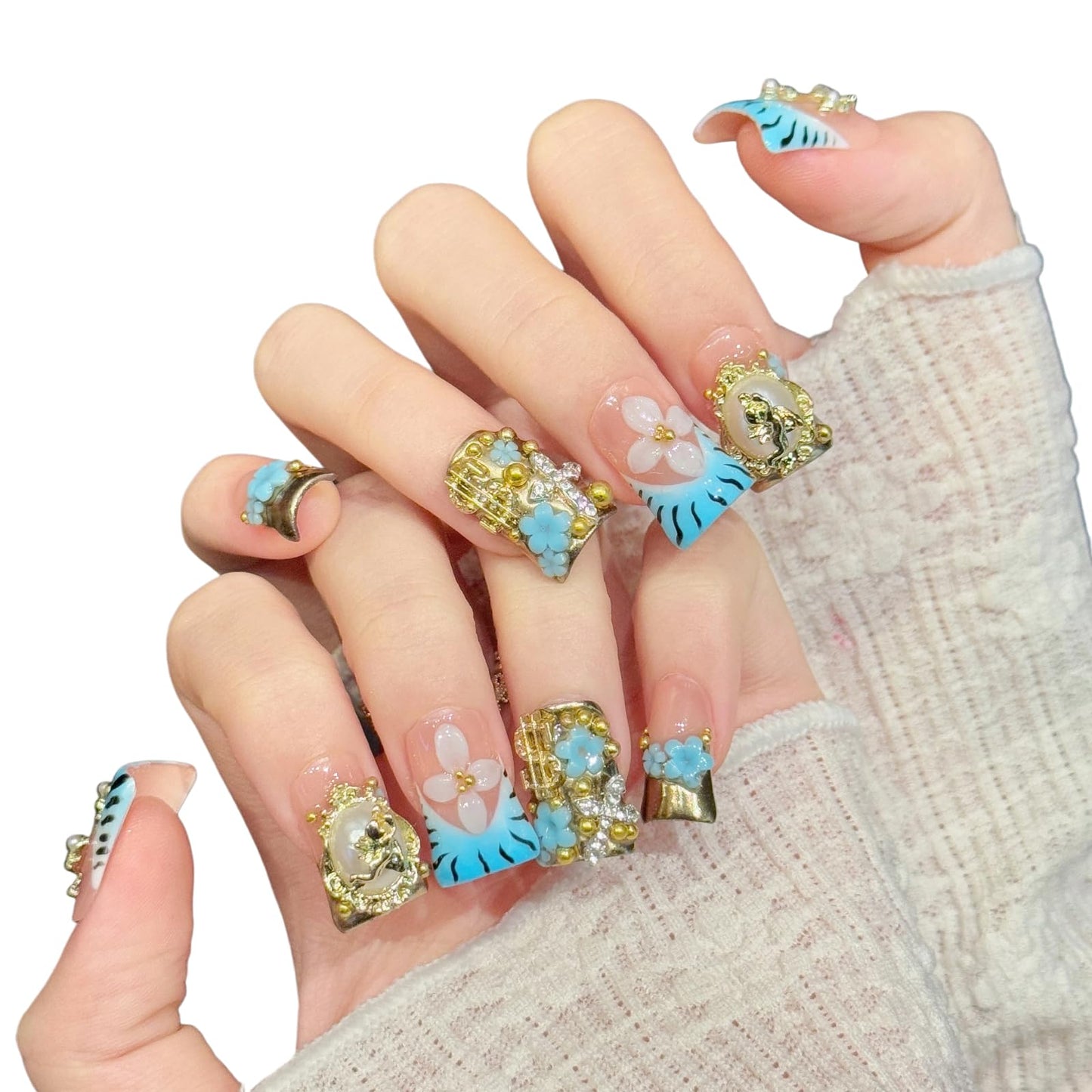 Tesytto Handmade Press On Nails Blue Zebra Short with Gold Angel Cross 3D Flower Rhinestone Charm, Stick On Fake Nails for Women, Reusable Baroque Vintage False Nails,10 Pcs(Baroque Enchanted Dream,M)