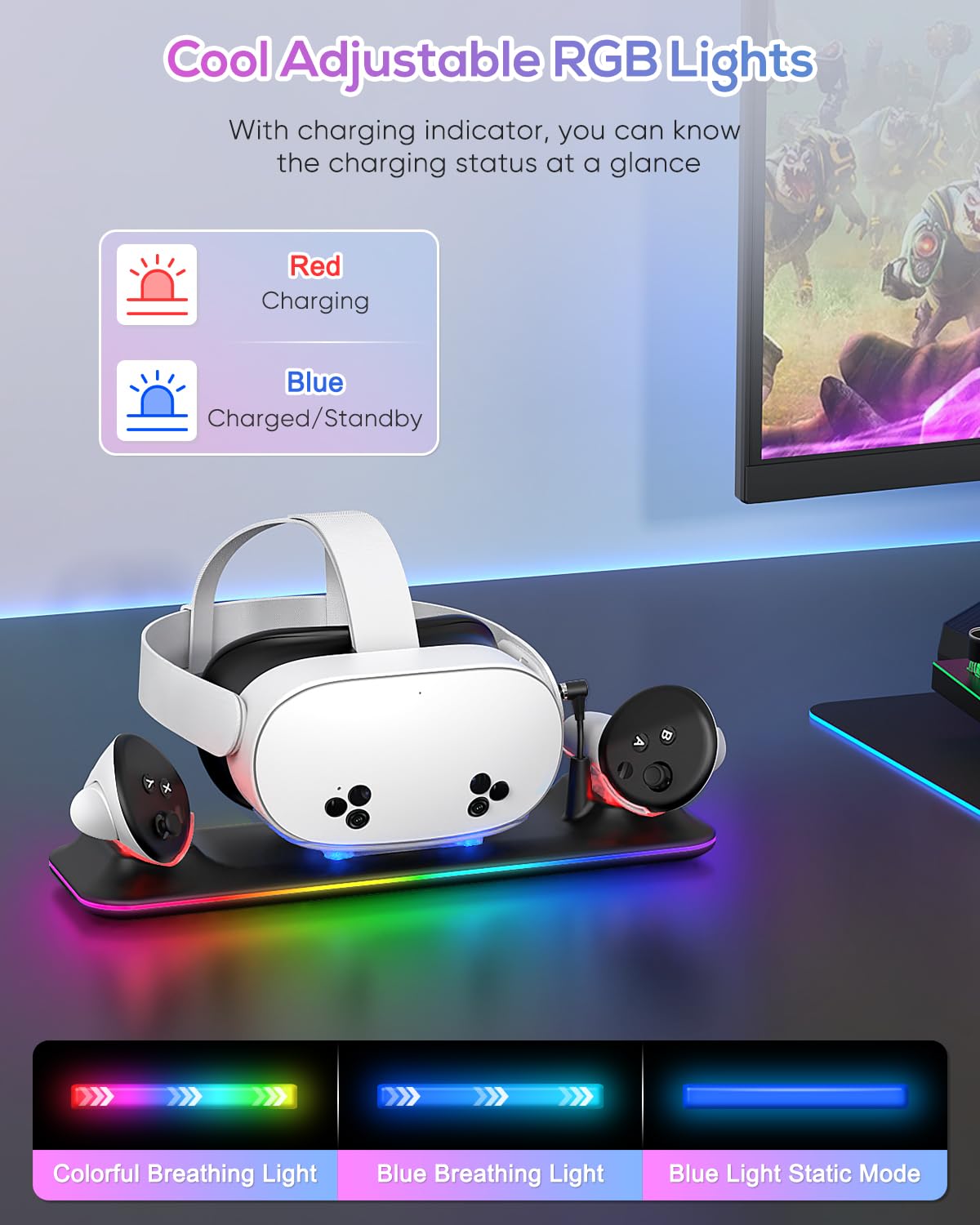Charging Dock for Meta Quest 3S/3, Kinwin Magnetic Charging Station for Oculus Quest 3S/3 Accessories with RGB Light, Charging Stand for VR Headset & Controller with 2 Rechargeable Batteries (Black)
