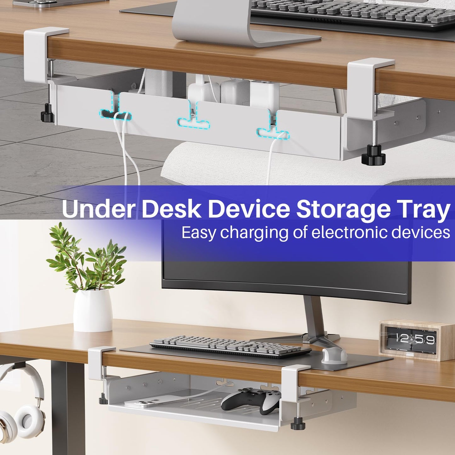 BYMECOST No Drill Under Desk Storage Shelf, Metal Under Desk Drawer Organizer with Clamp, Mount Under Desk Shelf Adds Tray, Desk Drawer for Office Desks, Table, Gaming Desk, Workstations (White)