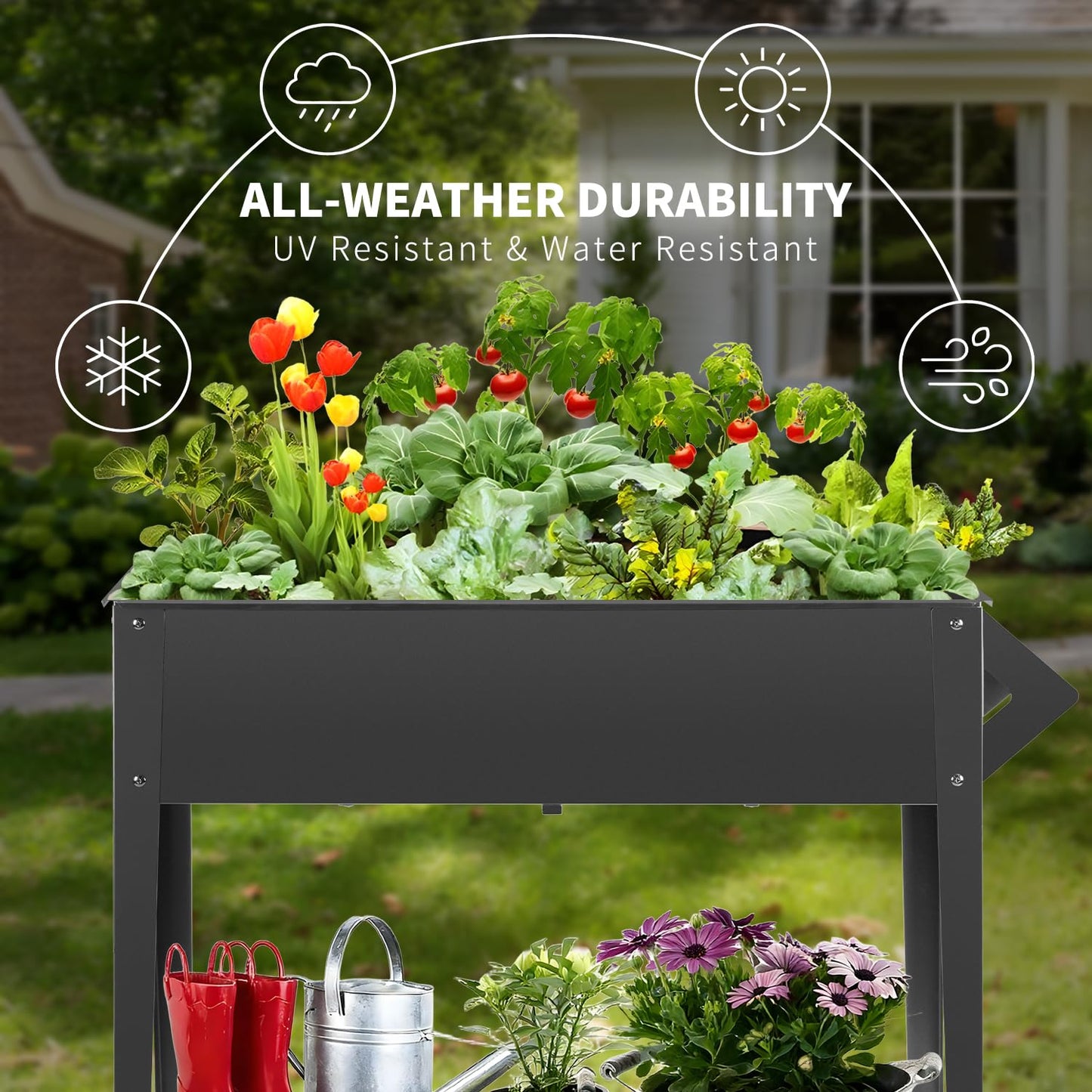 DNKMOR 32" Tall Raised Garden Bed Outdoor with Wheels & Storage Shelf or Mobility,Mobile Anti-Rust Steel Planters for Outdoor Plants,Planter Box for Vegetables/Flower/Herbs,Patio-Balcony-Backyard