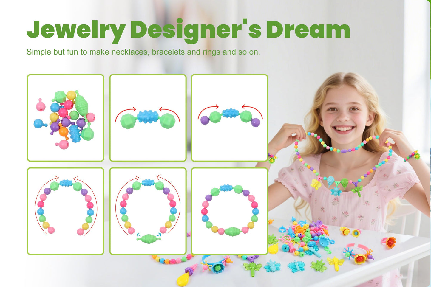 BIRANCO. Deluxe Beading Set with 350+ Pop Beads Include Butterfly, Bee, Dragonfly with Transparent Wings, and Ladybug Jewelry Making Kit for Kids Ages 3-8