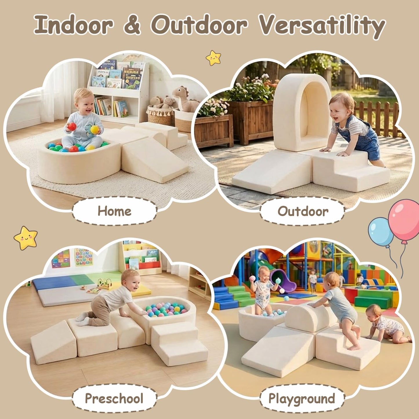 Tiita Foam Climbing Blocks with Small Ball Pit Playground for Baby, Climb and Crawl Playset 5-Piece - Indoor Soft Play Climber for Playtime Fun, Beige
