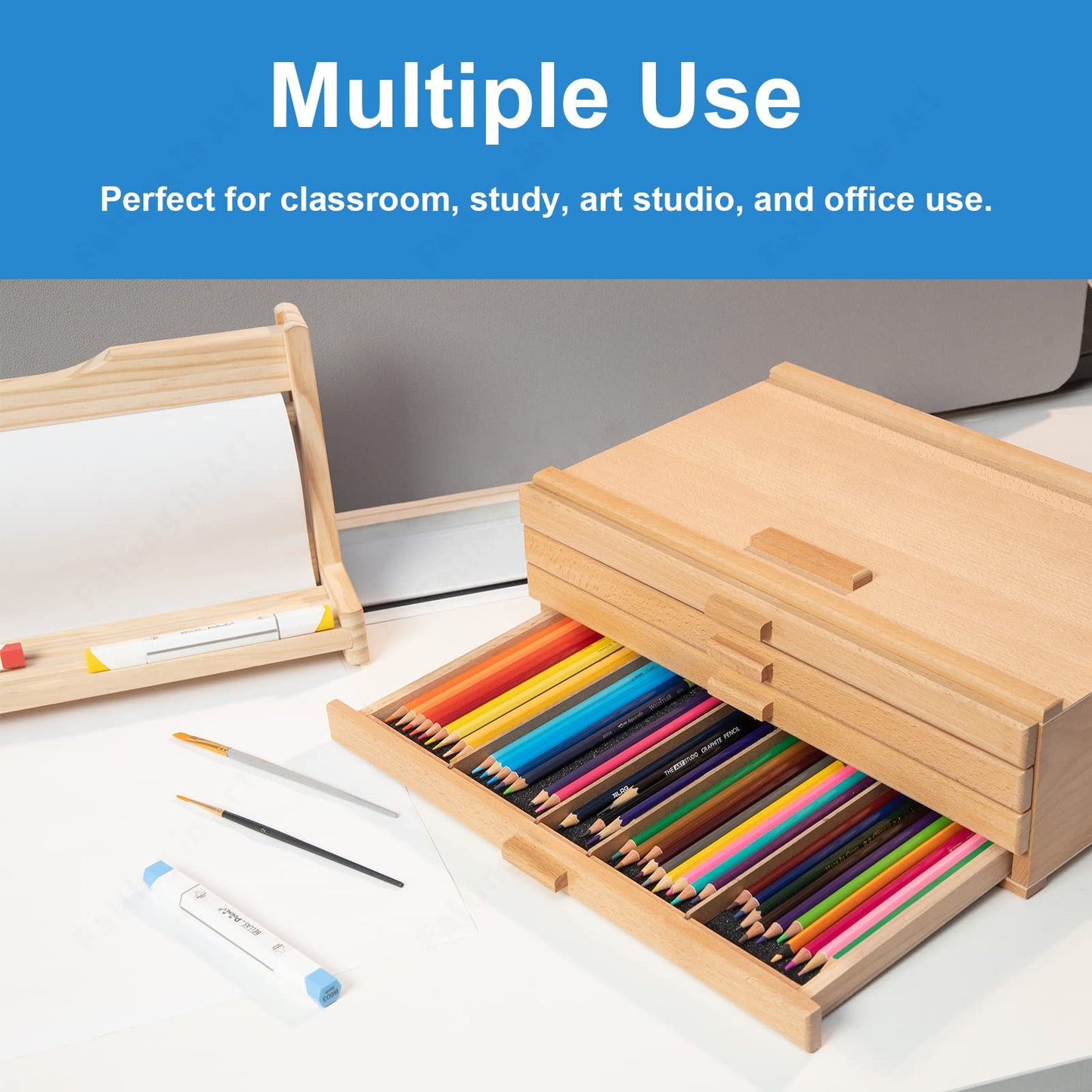 Falling in Art Wooden Pastel Storage Box, Artist Supply Storage Box With 4 Removable Drawer, Portable Organizer Box for Pencils, Markers, Brushes and Painting Tools