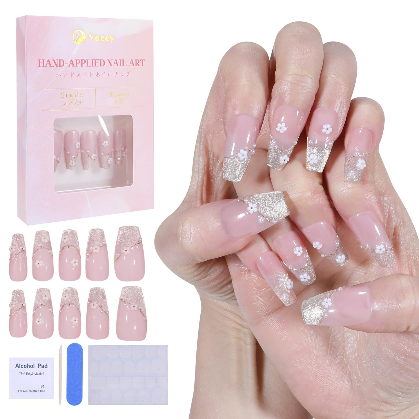 Yacey Handmade Press on Nails Medium Coffin, Reusable False Nails Press Ons, Pink Floral French Tip Thick Acrylic Fake Nails, 3D Artificial Bling Glossy Glue on Nails for Women Girls (10 Pcs, M)
