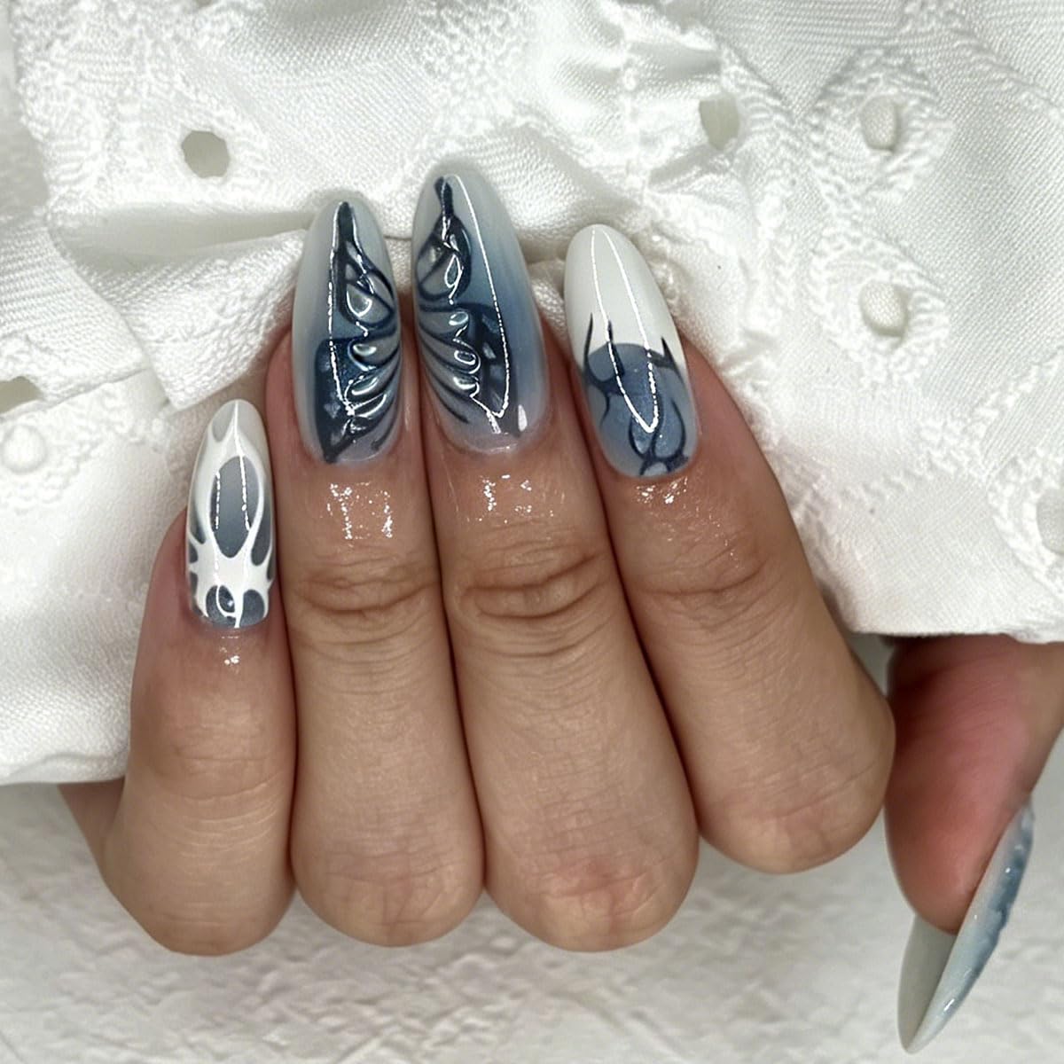 3D Press On Nails Almond Medium Light Blue Fake Nails with Embossed Butterfly Wings Flower French Designs, Acrylic Artificial Nail Press ons False Stick On Nails for Women Girls 30Pcs