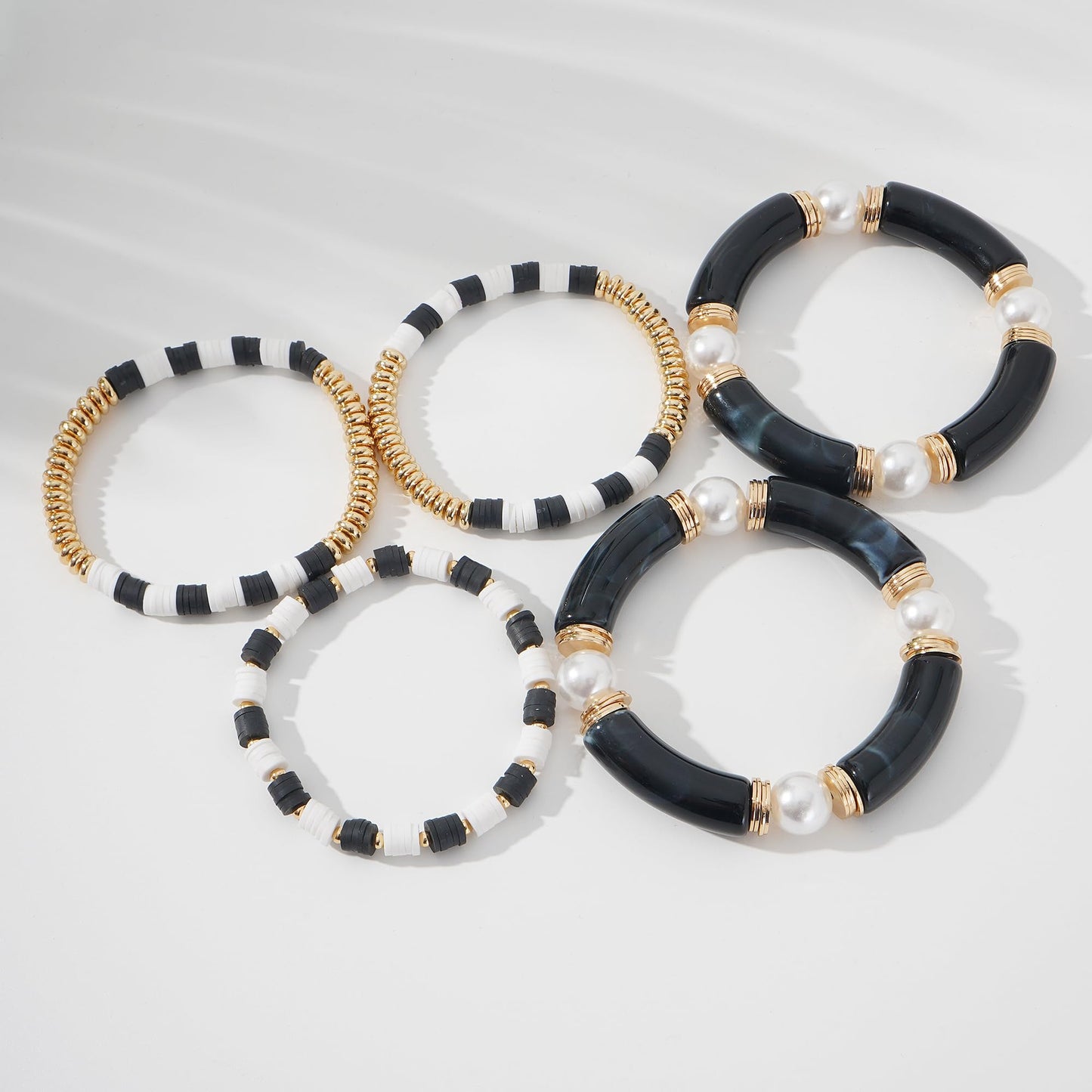 GOOJIDS Simple Beaded Gold Plated Bangles Bracelet Chunky Bamboo Tube Curved Stacking Clear Acrylic Colorful Beads Stretchable Gold Plated Bracelets Set For Women
