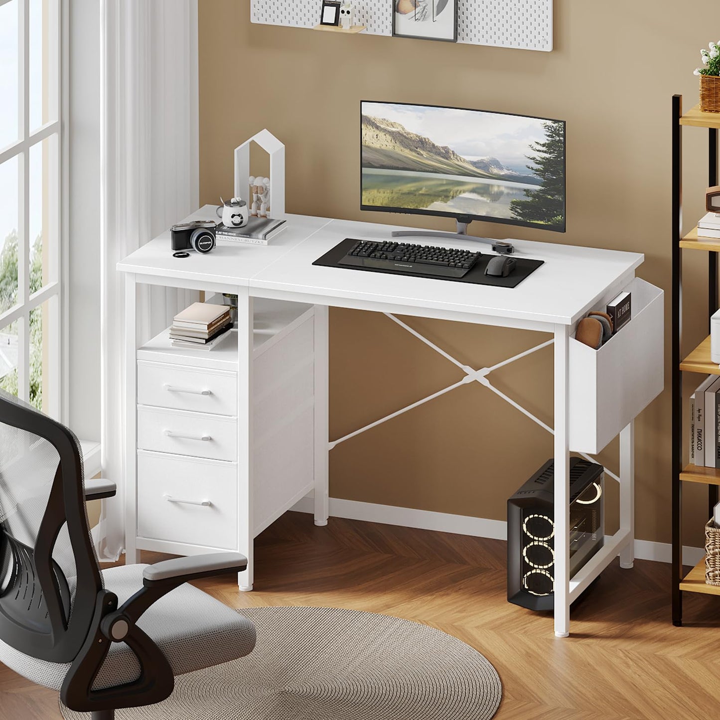 DUMOS Computer Desk with Storage, Small Home Office Desk with 3 Fabric Drawers & Side Pocket, Space Saving Writing Desk for Apartment, Dorm, Gaming Workstation, 39" White