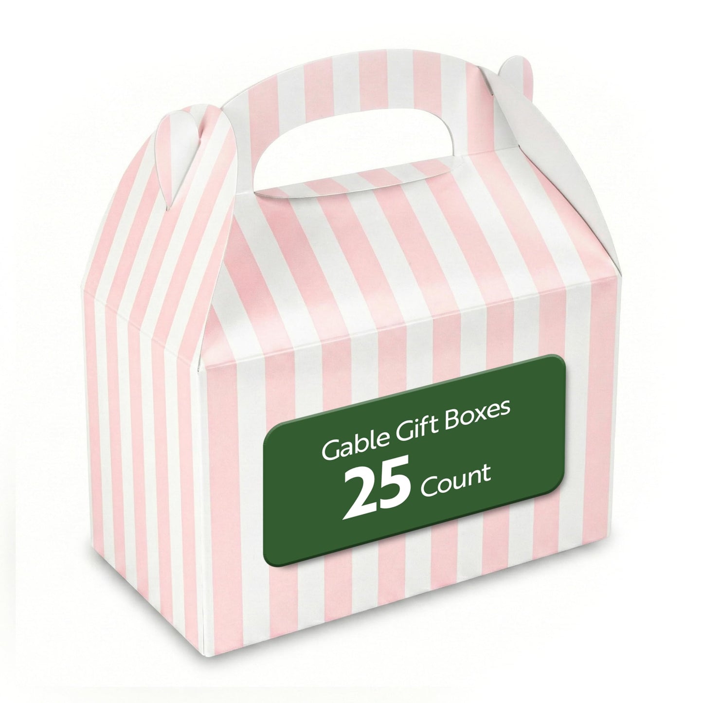 Bio Tek 6 x 3.5 x 3.5 Inch Gable Boxes For Party Favors, 25 Attractive Gift Boxes - Striped Design, With Built-In Handle, Pink And White Paper Barn Boxes, Disposable, For Parties