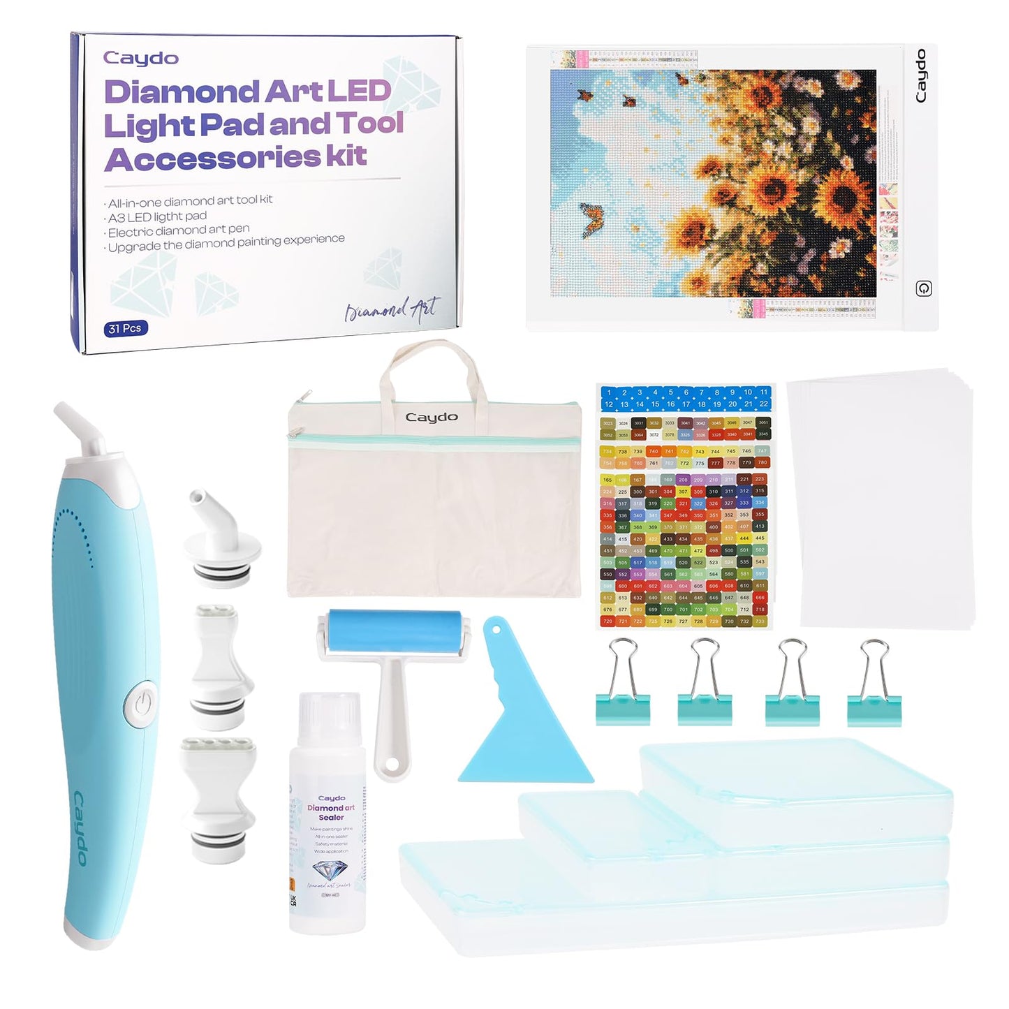 Caydo 31 PCS All Inclusive Diamond Art Accessories Kit, A4 LED Light Pad Set with Diamond Art Sealer, Trays, Electric Pen, Roller Tool for 5D Diamond Paint