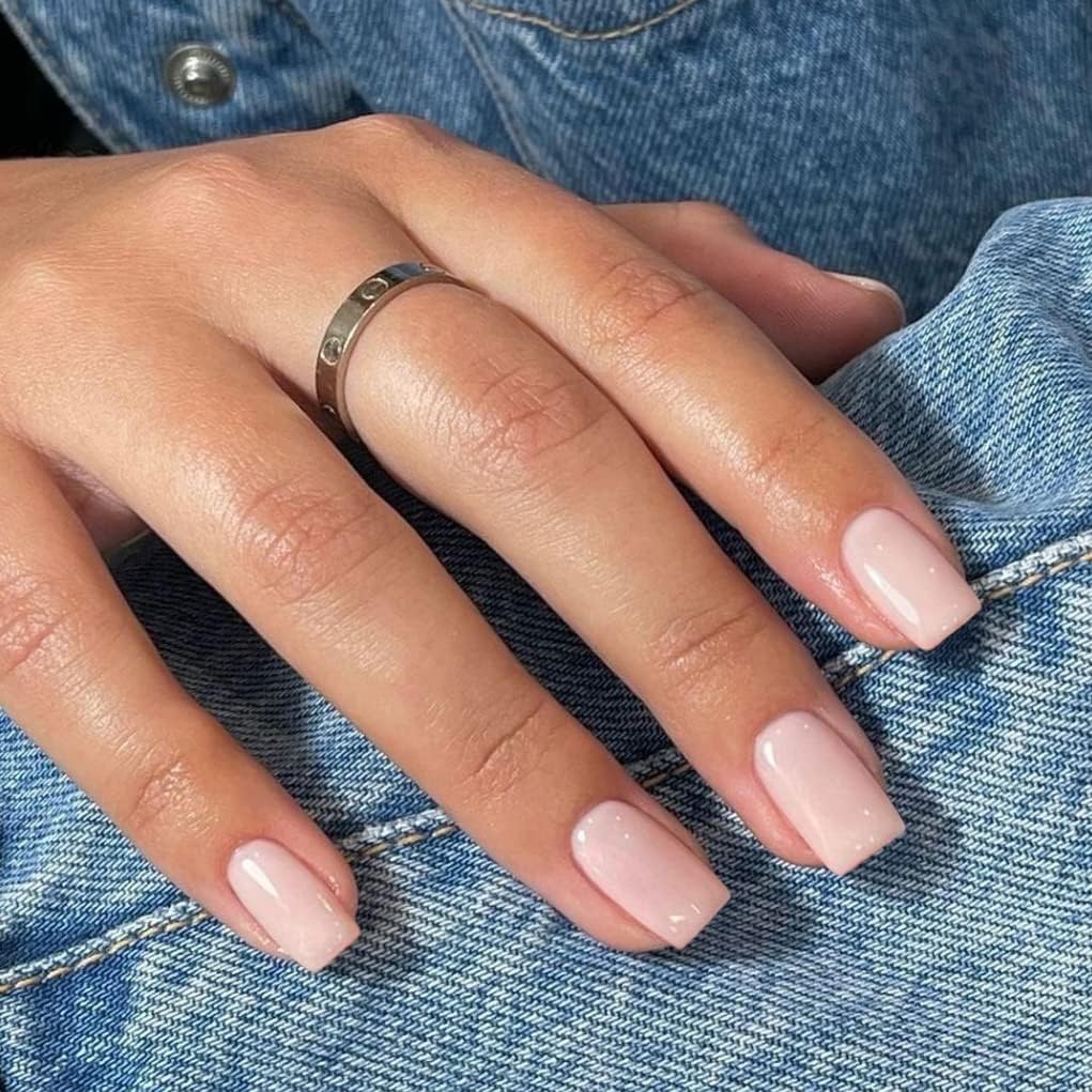 KQueenest Subtle Light Pink Press on Nails Short Square, Soft Gel Fake Nails Press on with Pure Color, Bright Reusable False Nails Stick on Nail for Women Salon Manicure