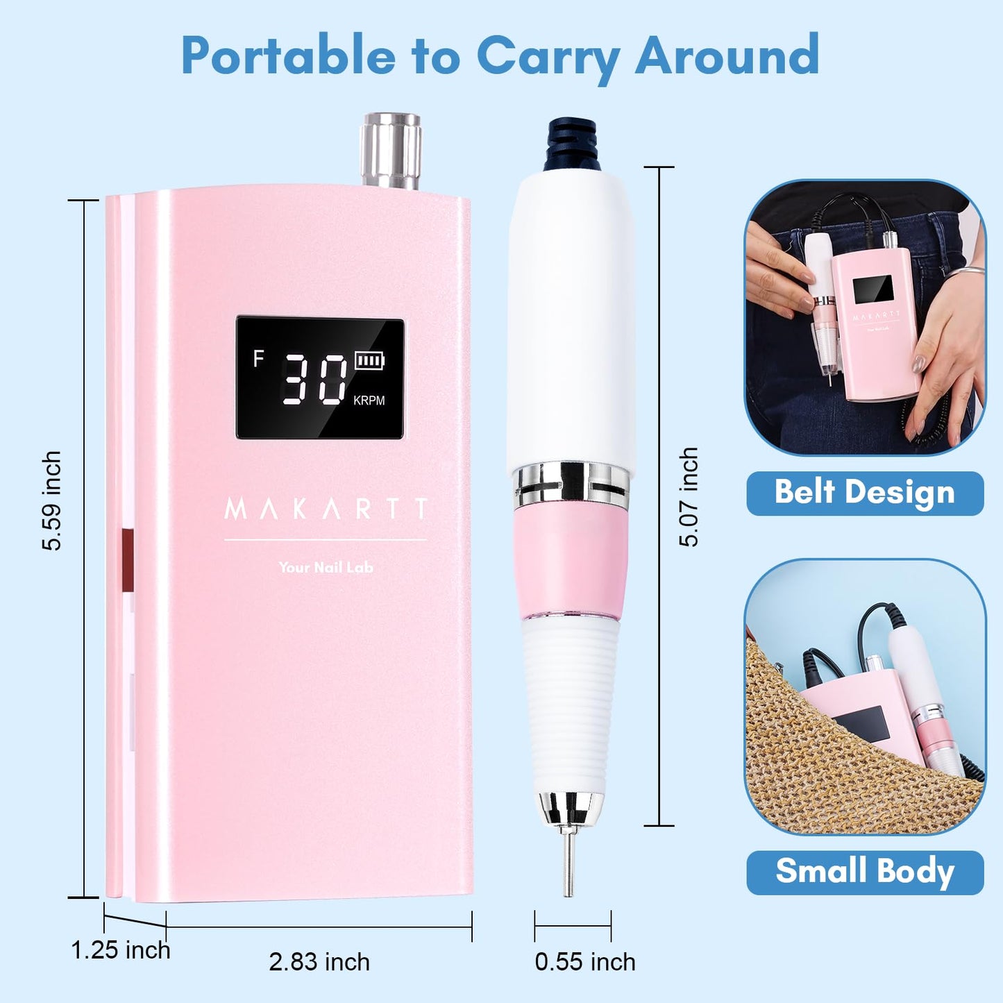 Makartt Cordless Electric Nail Drill, 30,000RPM E File for Acrylic & Gel Removal, 8.5H Battery, Quiet, LCD Display, Portable Nail Drill for Beginners & Nail Techs, Perlarie Pearly Pink