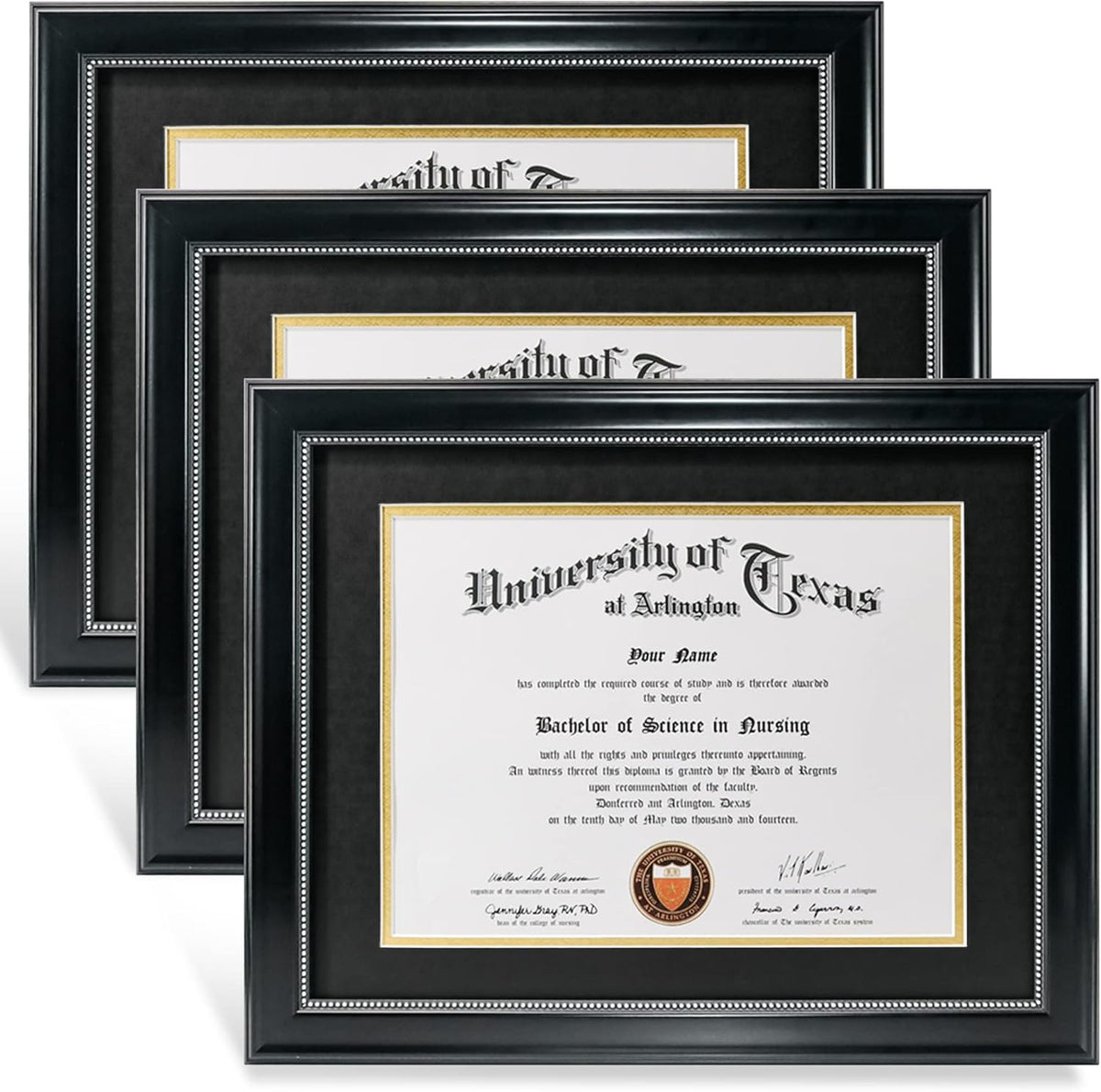 GraduationMall 8.5x11 Diploma Frame with Black over Gold Mat or Display 11x14 Document without Mat, UV Protection Acrylic, Black with Silver Beads, Set of 3