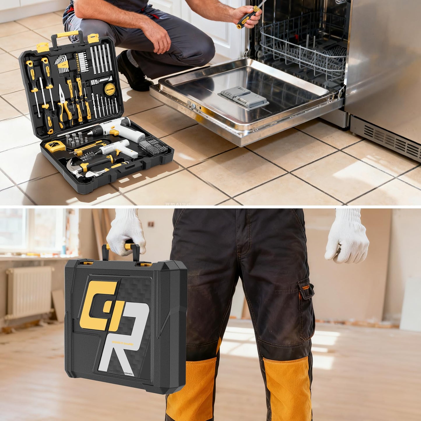 GRENPRO Tool Set Drill Set, 188PCS Tool Kit for Home with Cordless Drill Power, Hand Tool Kit for Women, Basic Household Auto Car Repair Tool Box for Men, Portable Plastic Storage Box Tools Sets