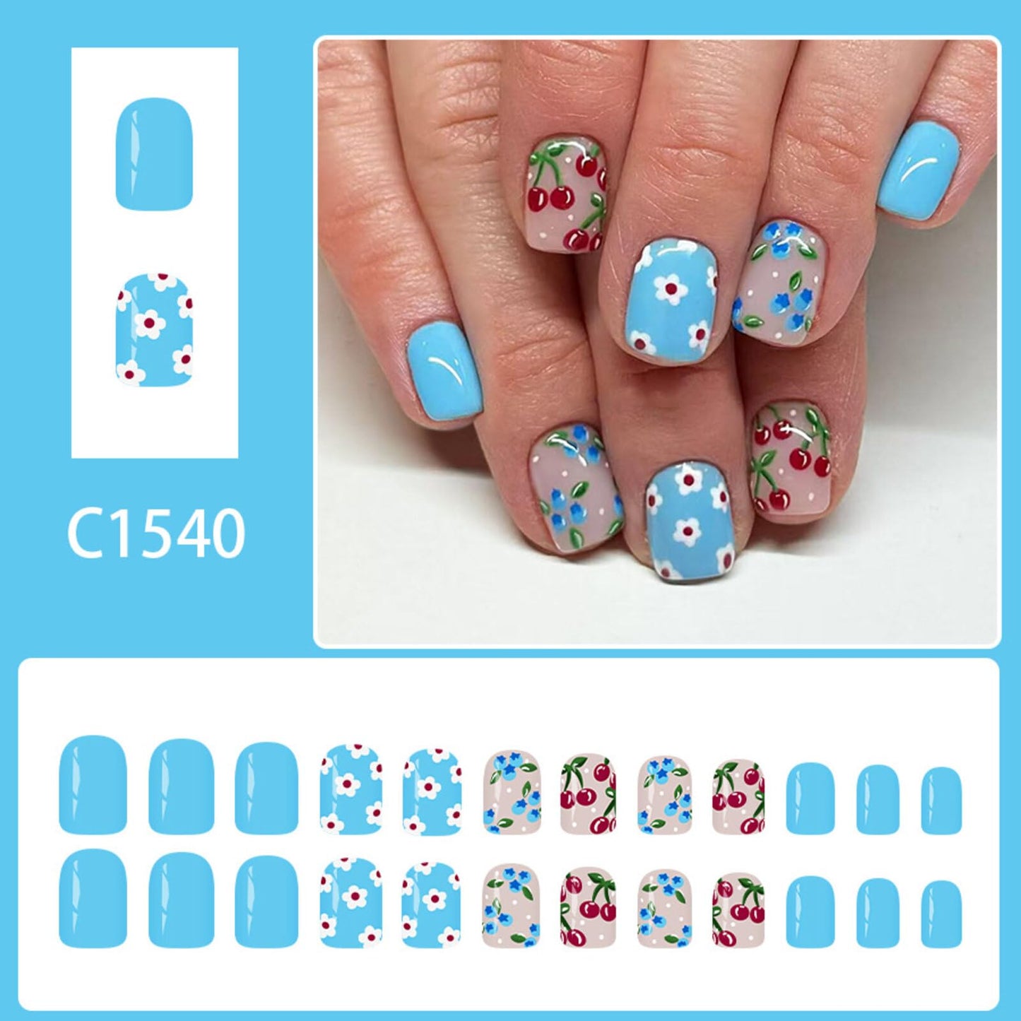 Short Square Press on Nails Bright Blue Base Light Pink Polka Dots Cherry Blue White Flower Surface Fresh Cute Manicure Artificial Nails Suitable for Shiny Elegant Delicate Stylish Pretty 24 Pcs