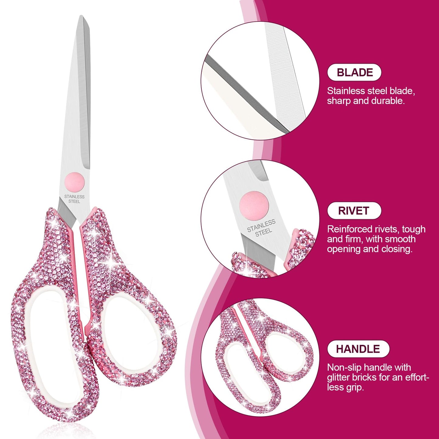 MultiBey 7 Pcs Pink Bling Rhinestone Desk Accessories Set, Crystal Office Stationery Kit with Stapler, Tape Dispenser, Scissors, Drawer Organizer - Glamorous Gift for Home School Office Supplies