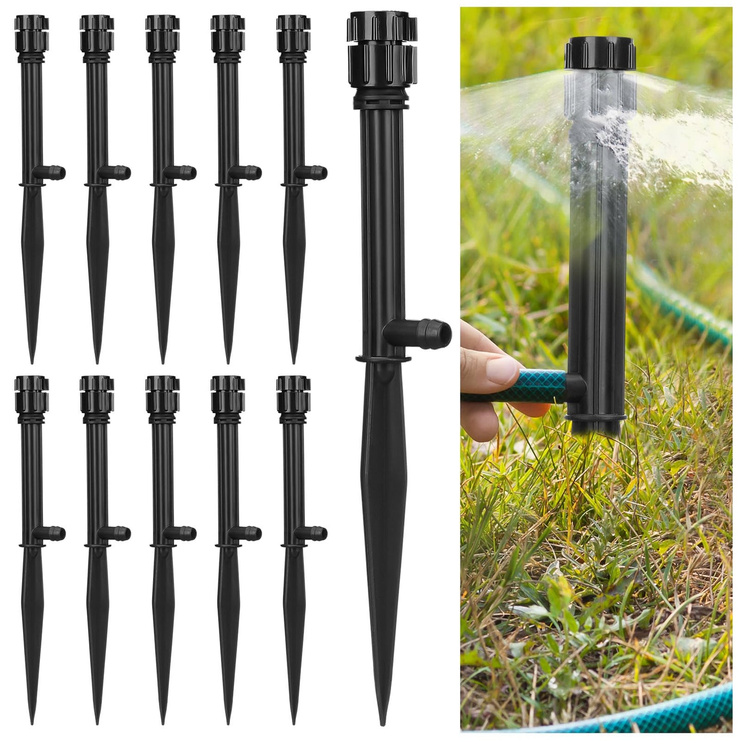 Geelin 12 Set 360° Sprinkler Heads with 11.8 Inch Stake Adjustable Flow Irrigation Spray Emitters for 1/2 Inch Irrigation Tubing for Tree, Shrubs, Garden Watering System(Style 1)