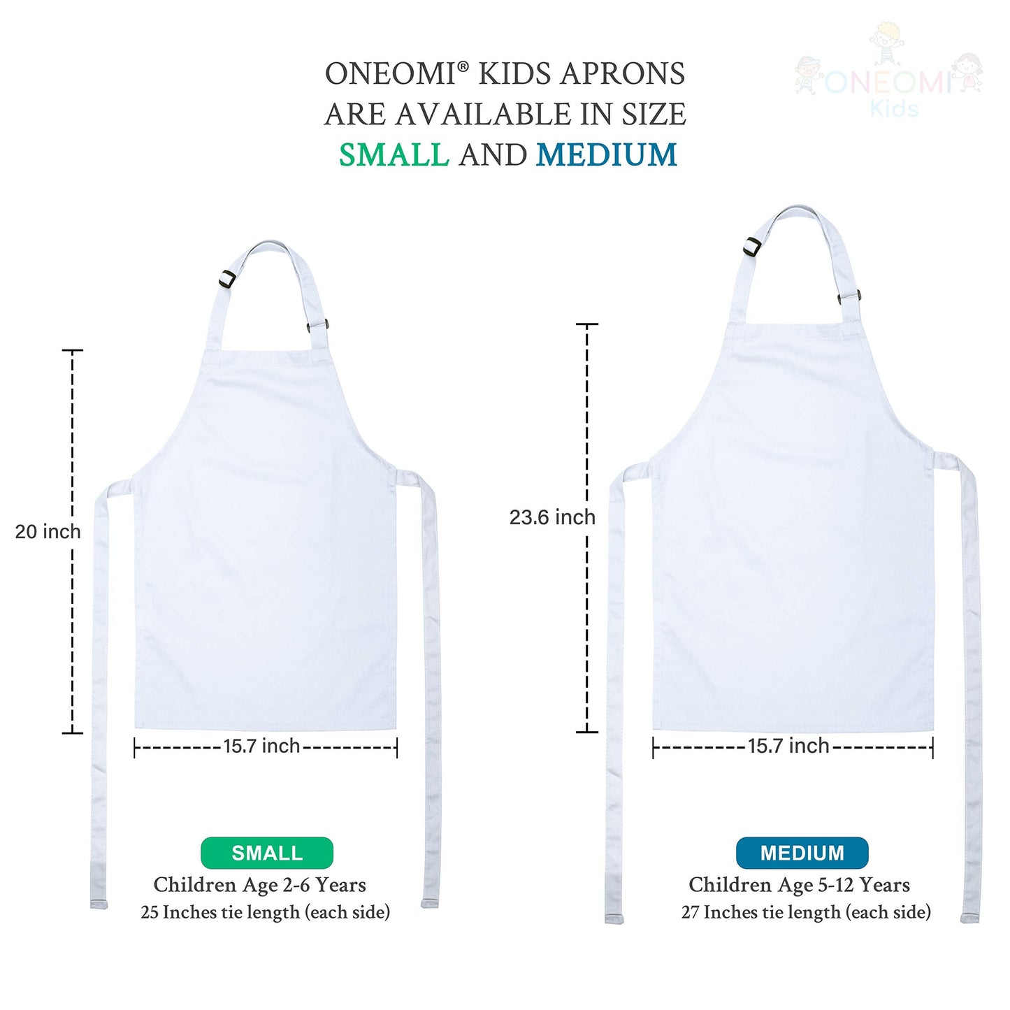 ONEOMI Kids Apron, Small, 100% Cotton with an Adjustable Strap to fit All Ages, Ideal for Cooking, Baking, Painting, Decorating, Party, Chef, Art and Classroom Children Apron (2, White)