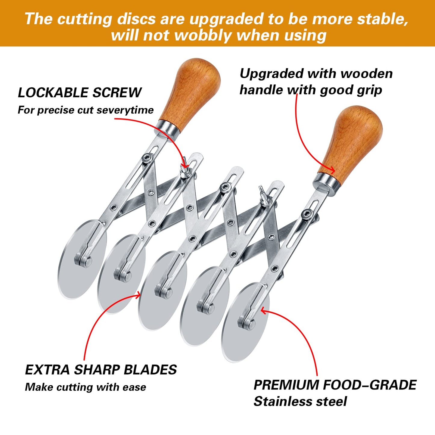 Juome 5 Wheel Pastry Cutter with Wooden Handle, Multi-Round Wheel Pasta Dough Cutter Roller Pizza Slicer Accordion Pastry Knife Divider Tool