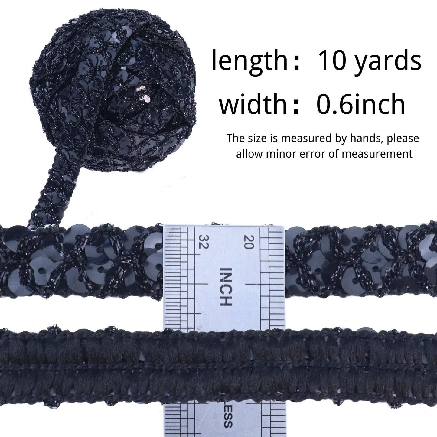 SEWDIYTR Sequin Lace Trim Gimp Braid Lace Ribbon Glitter Sequin Trim for Crafts, Embellishments, Costume Accessories 10 Yards (Black)