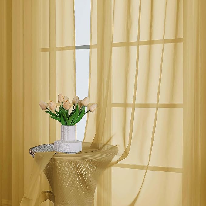 Chyhomenyc Gold Sheer Curtains 90 Inches Long 2 Panels, Light Filtering Gold Curtains for Living Room, Soft Gentle Voile Rod Pocket Bedroom Window Drapes, 59Wx90L Inch, 2PCS