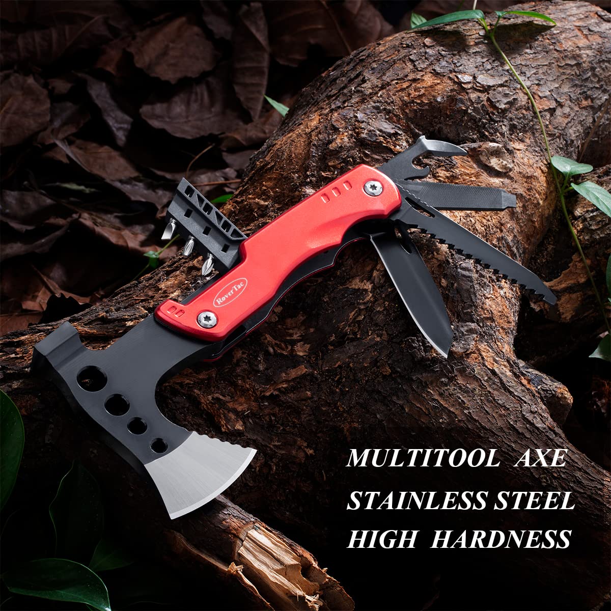 RoverTac 11-in-1 Multitool Axe Hatchet – Camping Gear with Knife, Hammer, Saw, Bottle Opener, Screwdrivers – Survival Tool with Nylon Sheath – Perfect Gifts for Men, Camping, Hiking, and Survival.