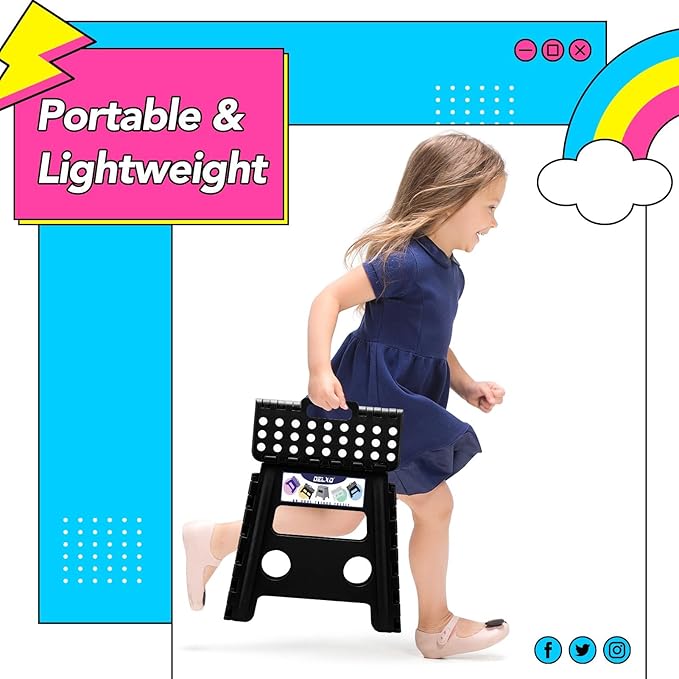 Delxo Folding Step Stool, 13 inch 100 Pack Non-Slip Foldable Stools Up to 300 LBS, Step Stool with Handle, Lightweight for Kitchen, Bathroom, Bedroom, Garden, Black