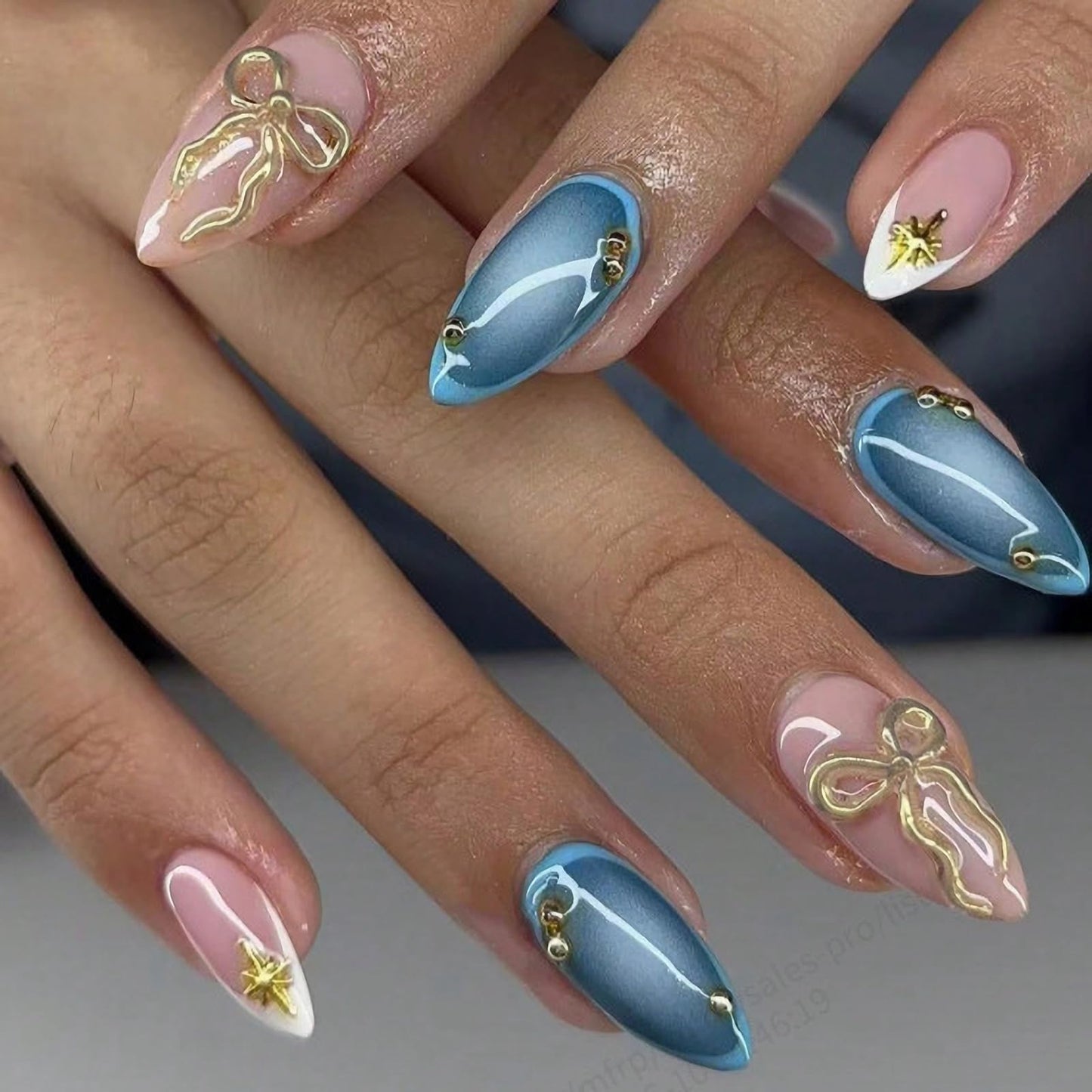 MISUD Press on Nails - Medium Almond Fake Nails with Handmade Gold Charms, Acrylic Blue Ombre Design 24 pcs