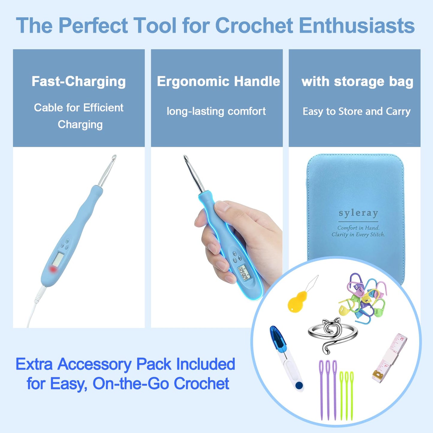 Light Up Crochet Hooks Set with Digital Stitch/Row Counter,18 Interchangeable Hooks (2.0–14.0 mm), Ergonomic Comfort Grip,Dual Light Modes with a Storage Case – A Perfect Gift for Crocheters
